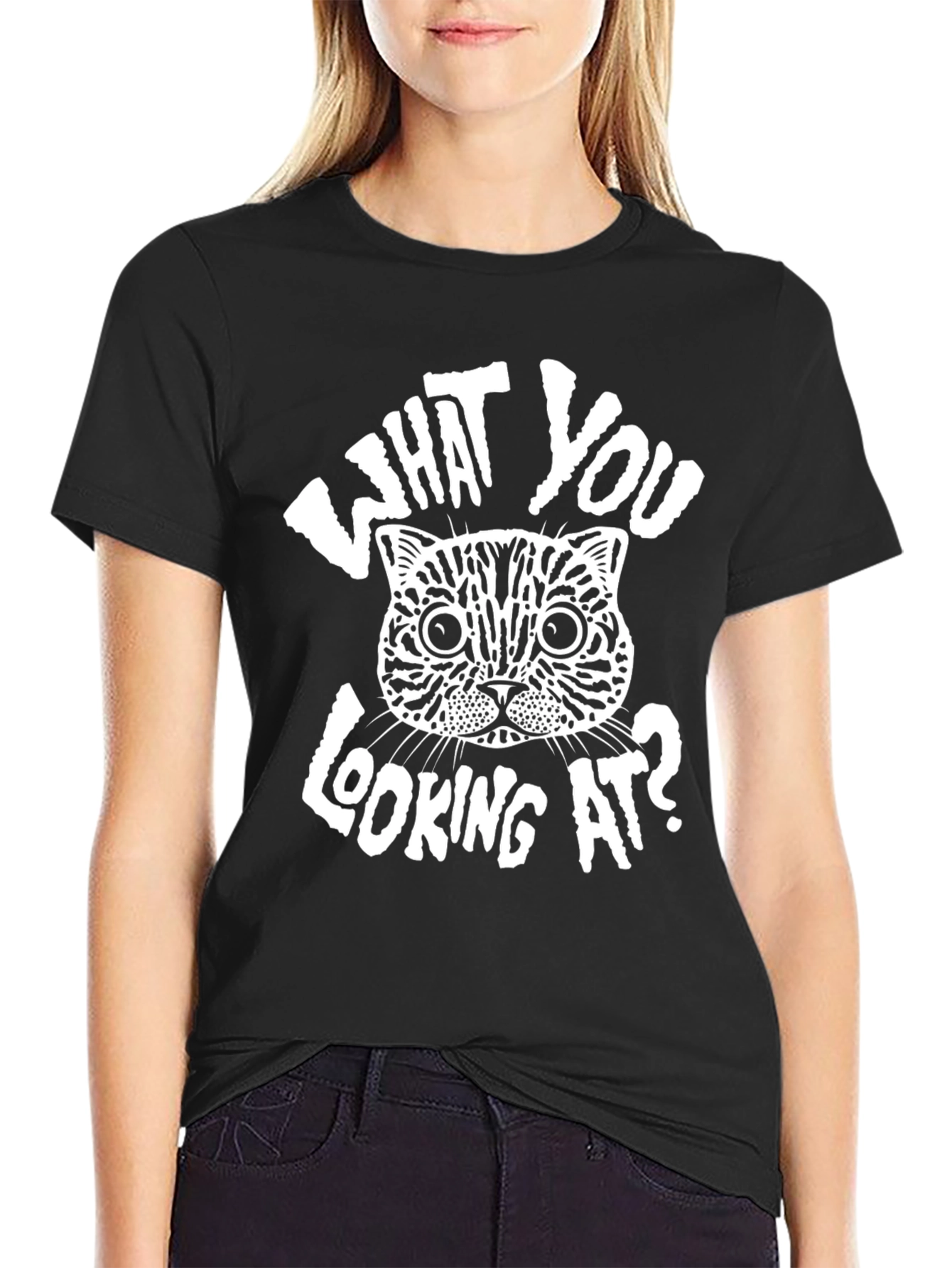 Black Funny Cat Graphic T-Shirt - What You Looking At? Tee view 2
