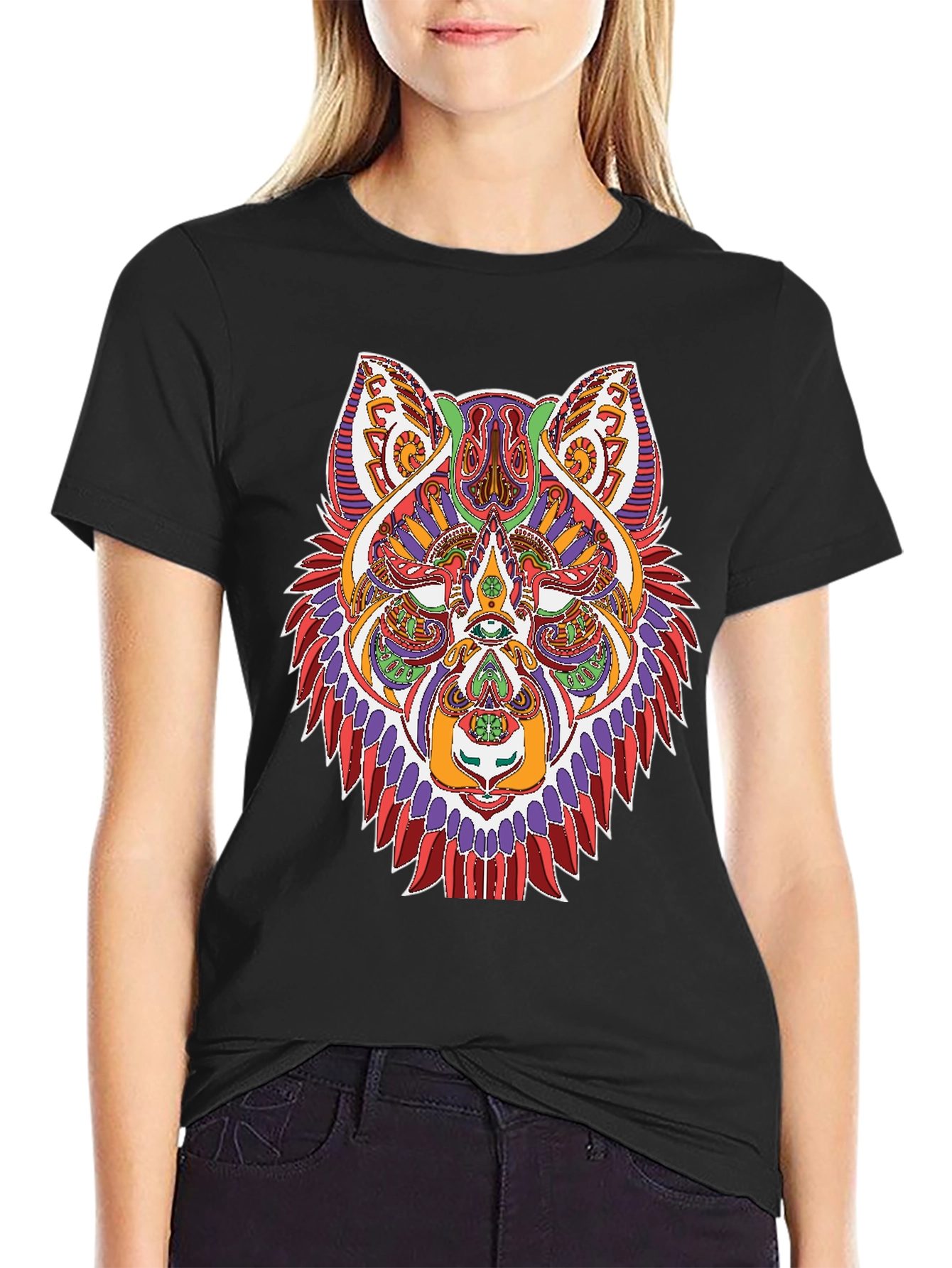 Black Psychedelic Wolf Graphic Tee - Black Unisex Shirt view 2