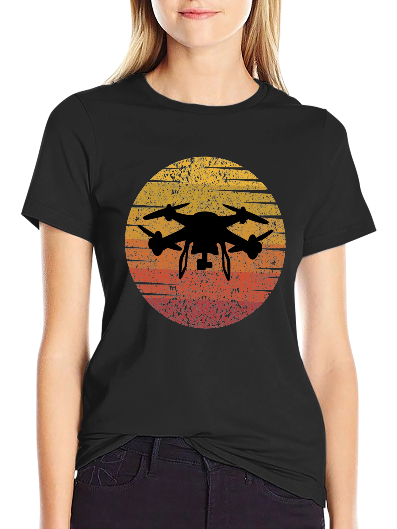 Retro Sunset Drone Graphic Tee -  Vintage Style Black T-Shirt - 2