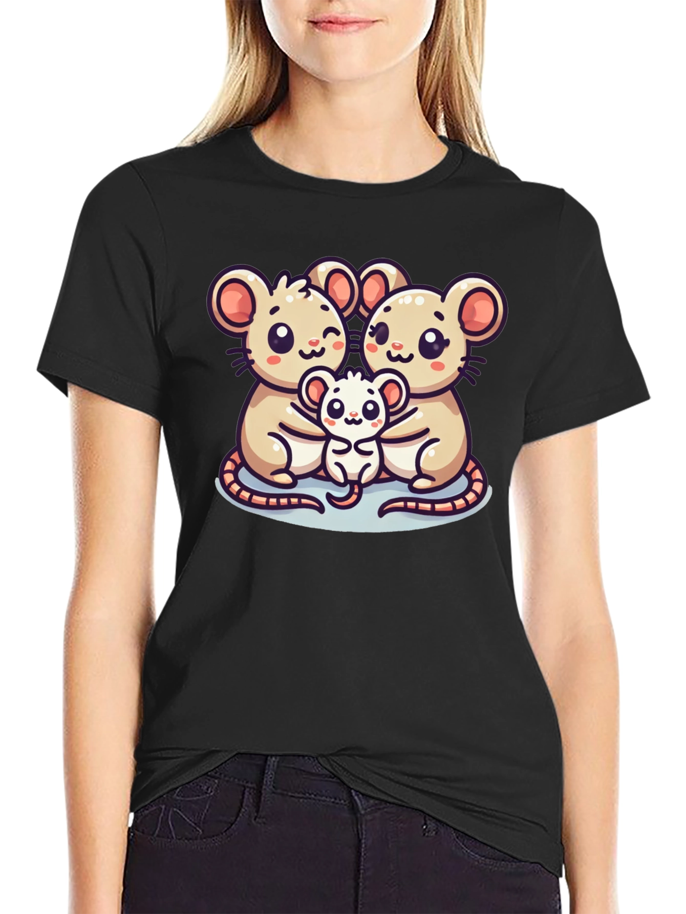 Black Cute Mouse Family Graphic Black T-Shirt view 2