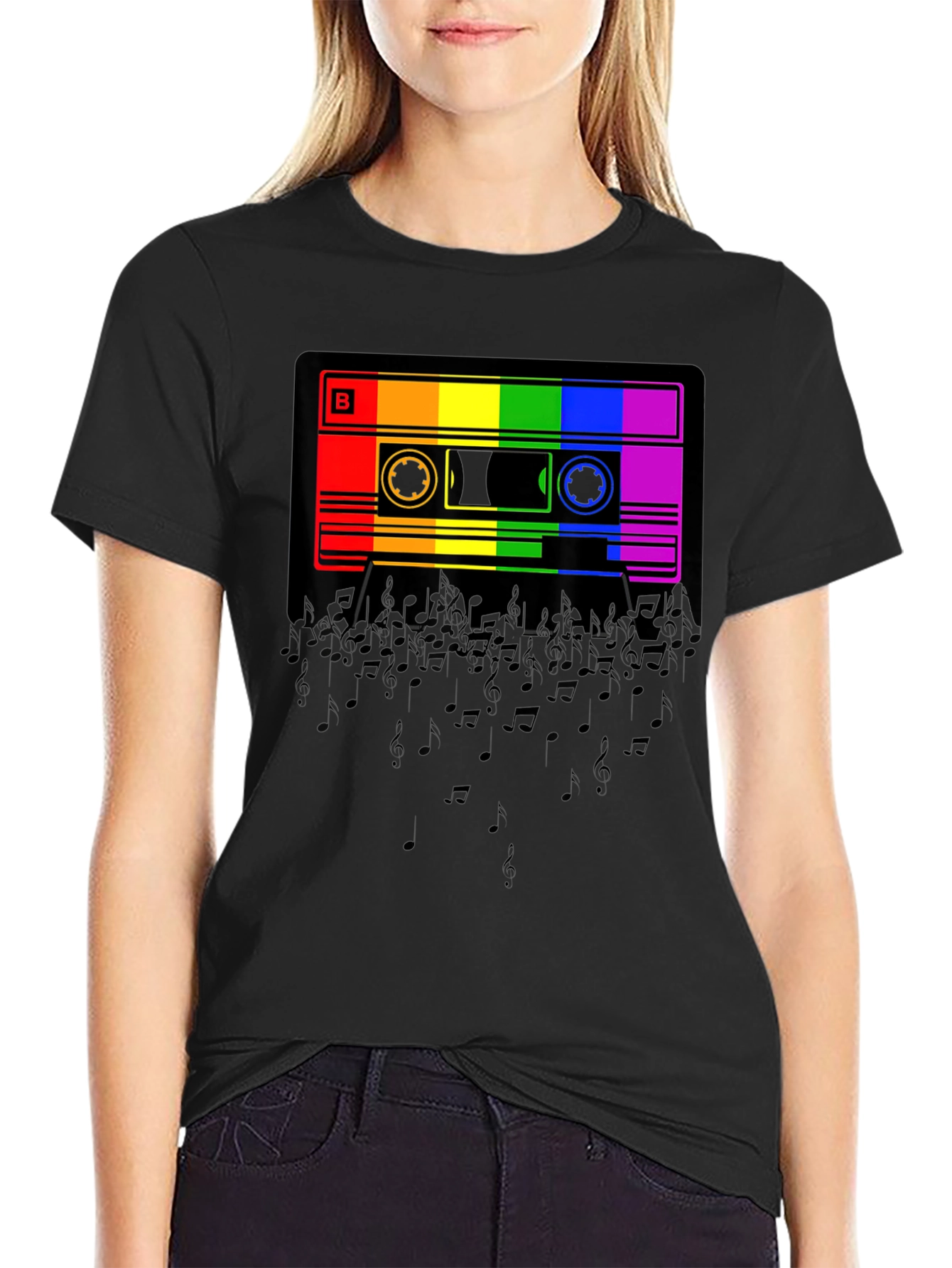 Black Rainbow Cassette Tape Music Notes Graphic T-Shirt view 2