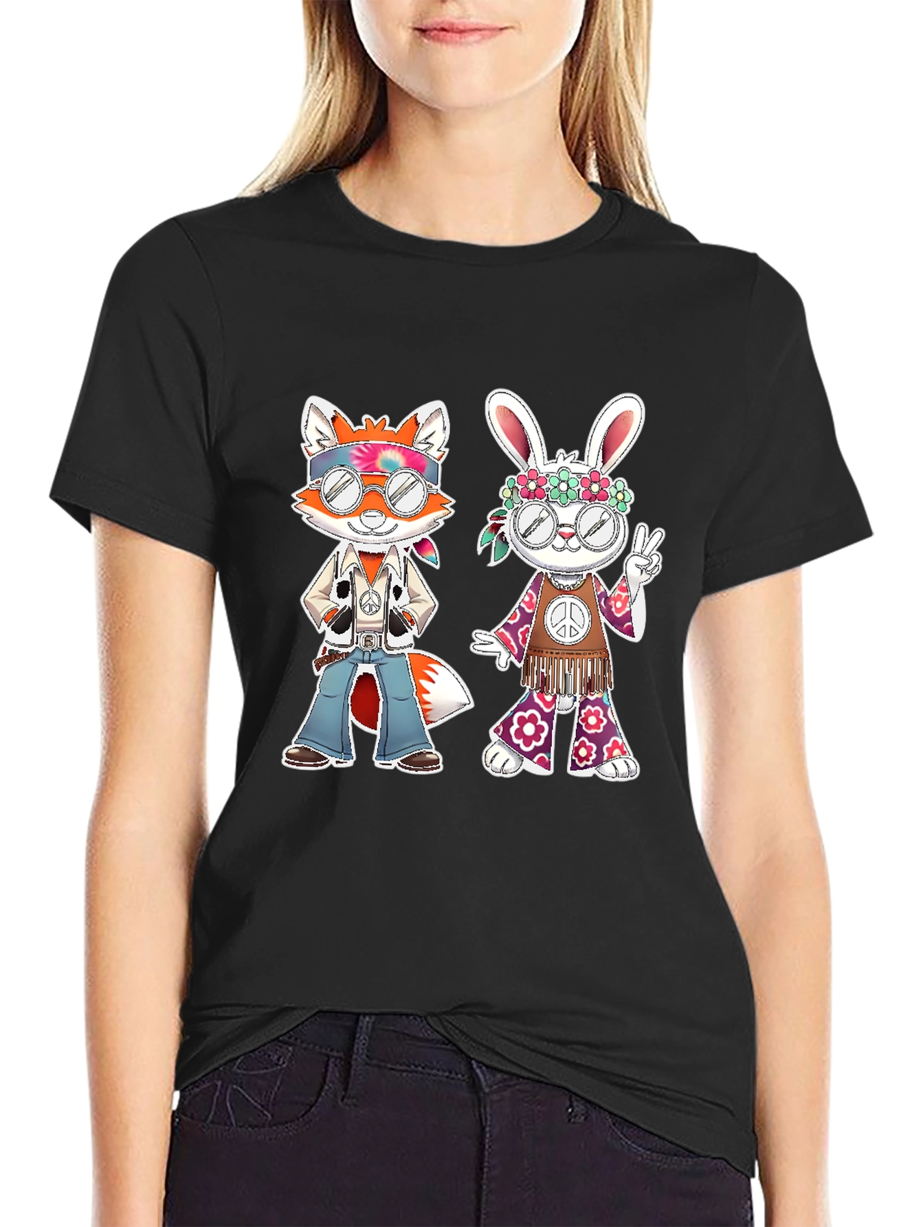 Black Hippie Fox & Rabbit Graphic Tee view 2