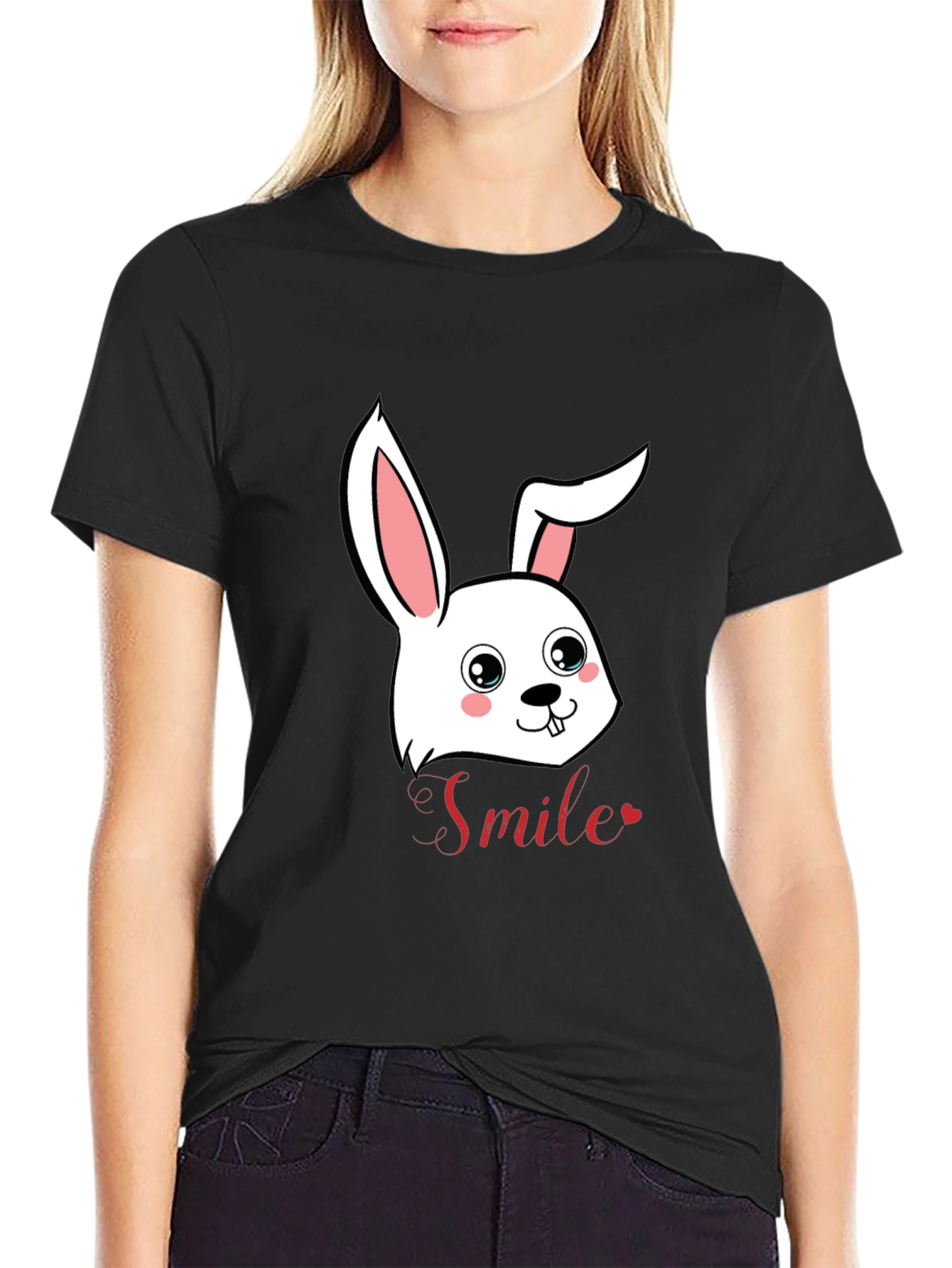 Black Cute Bunny Smile Graphic T-Shirt view 2