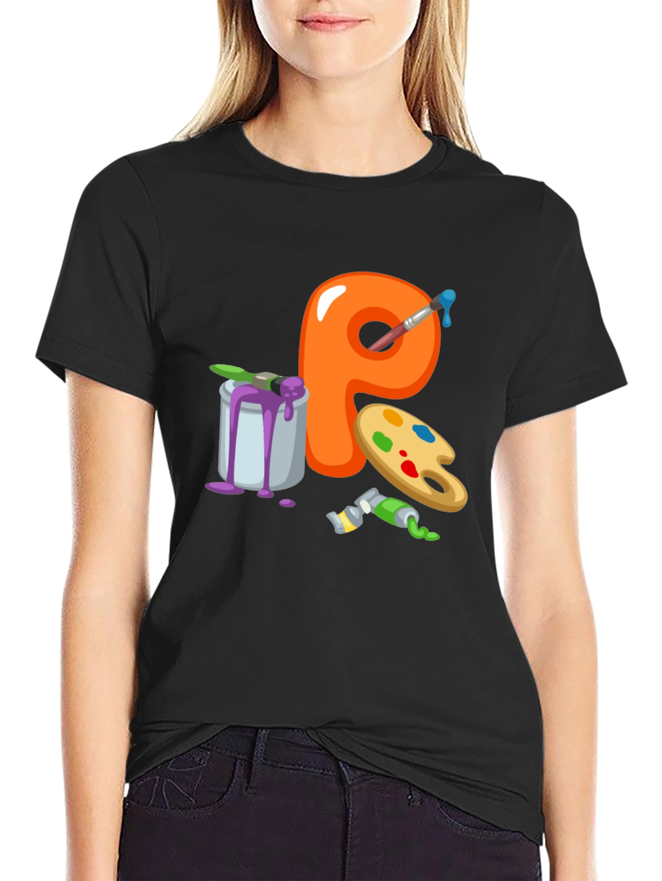 Black Artistic Letter P T-Shirt - Black Cotton Graphic Tee view 2