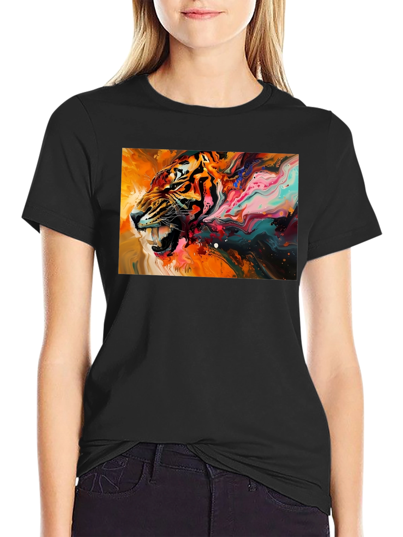 Black Roaring Tiger Graphic Black T-Shirt view 2