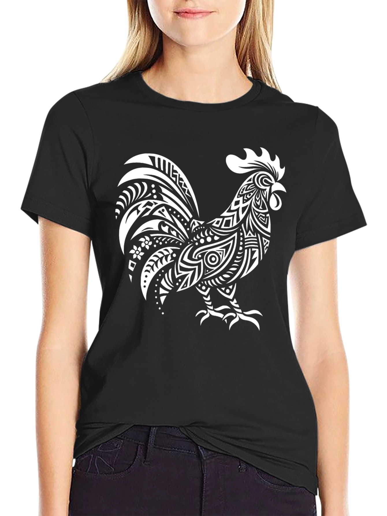 Black Tribal Rooster Graphic Tee - Black Cotton T-Shirt view 2