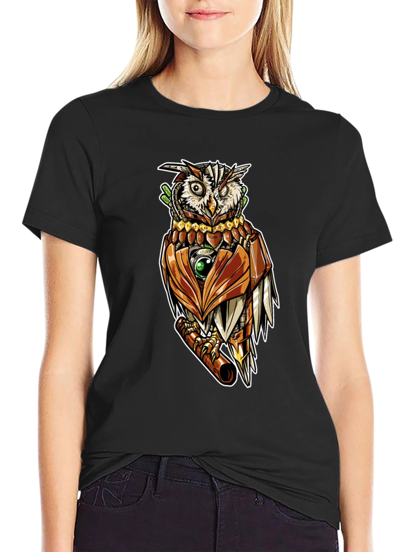 Black Steampunk Owl Graphic Tee - Unique Design view 2