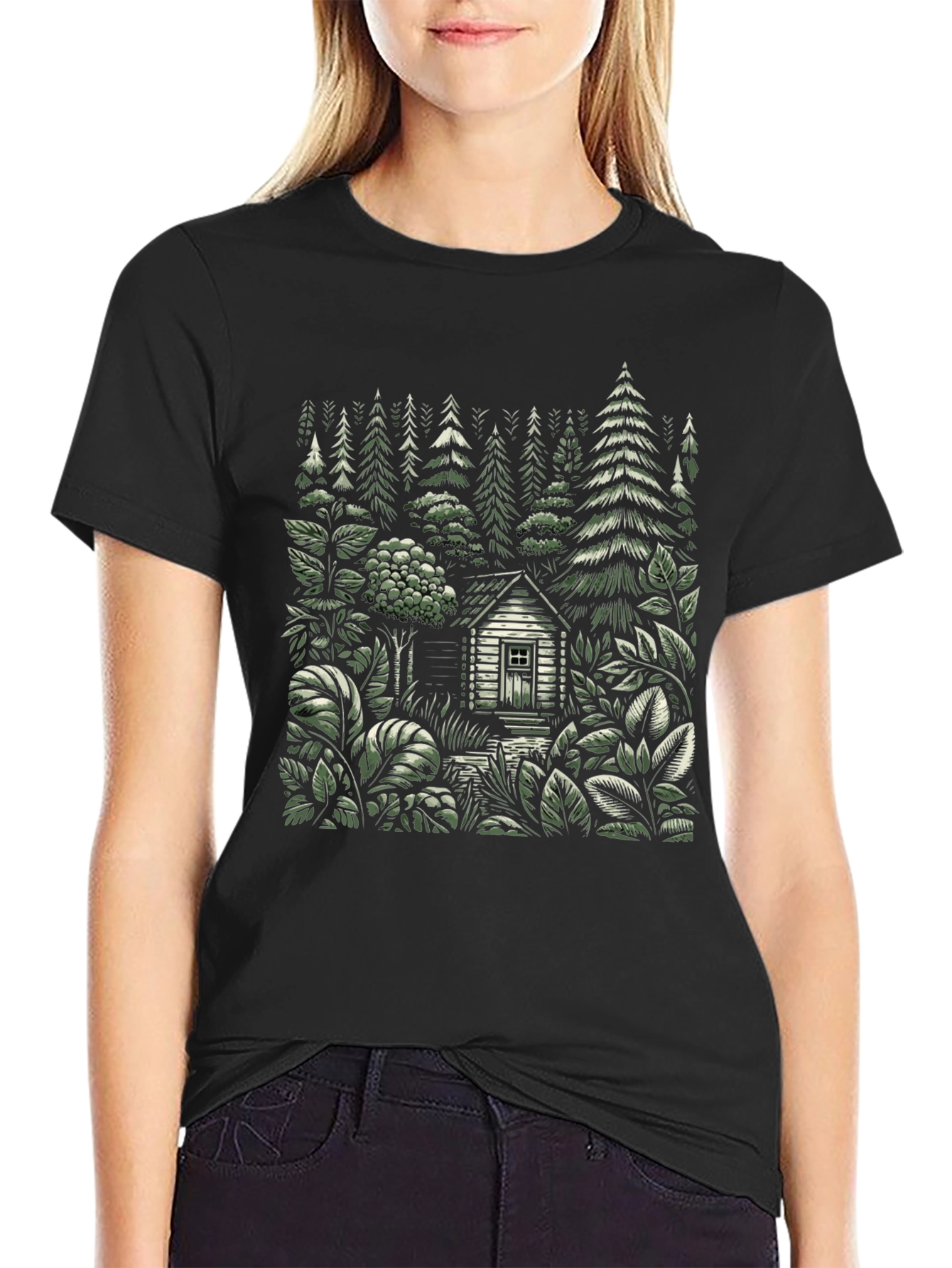 Black Cabin in the Woods Graphic Tee - Nature Lover Shirt view 2