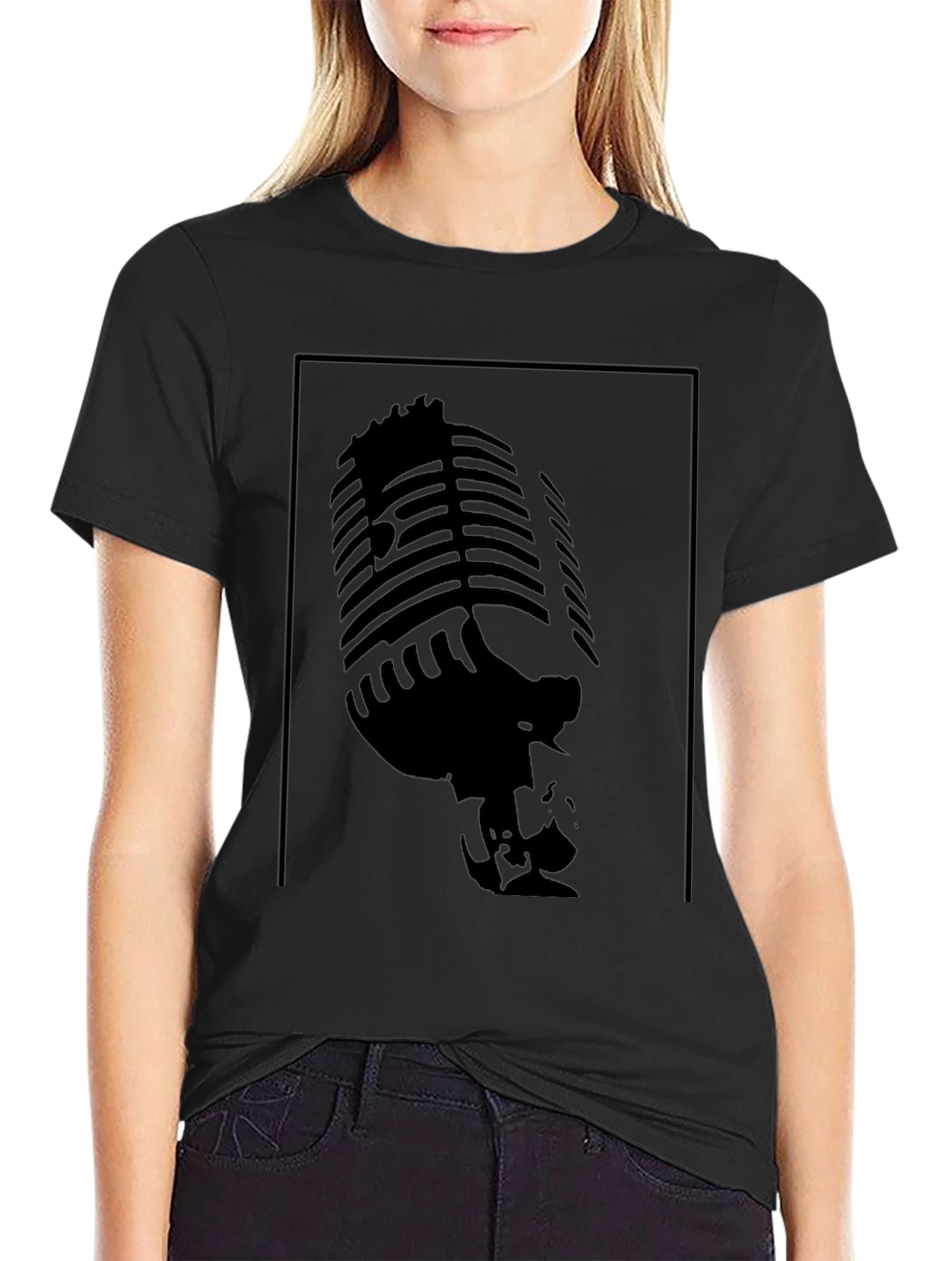 Black Vintage Microphone Graphic Tee - Retro Style view 2