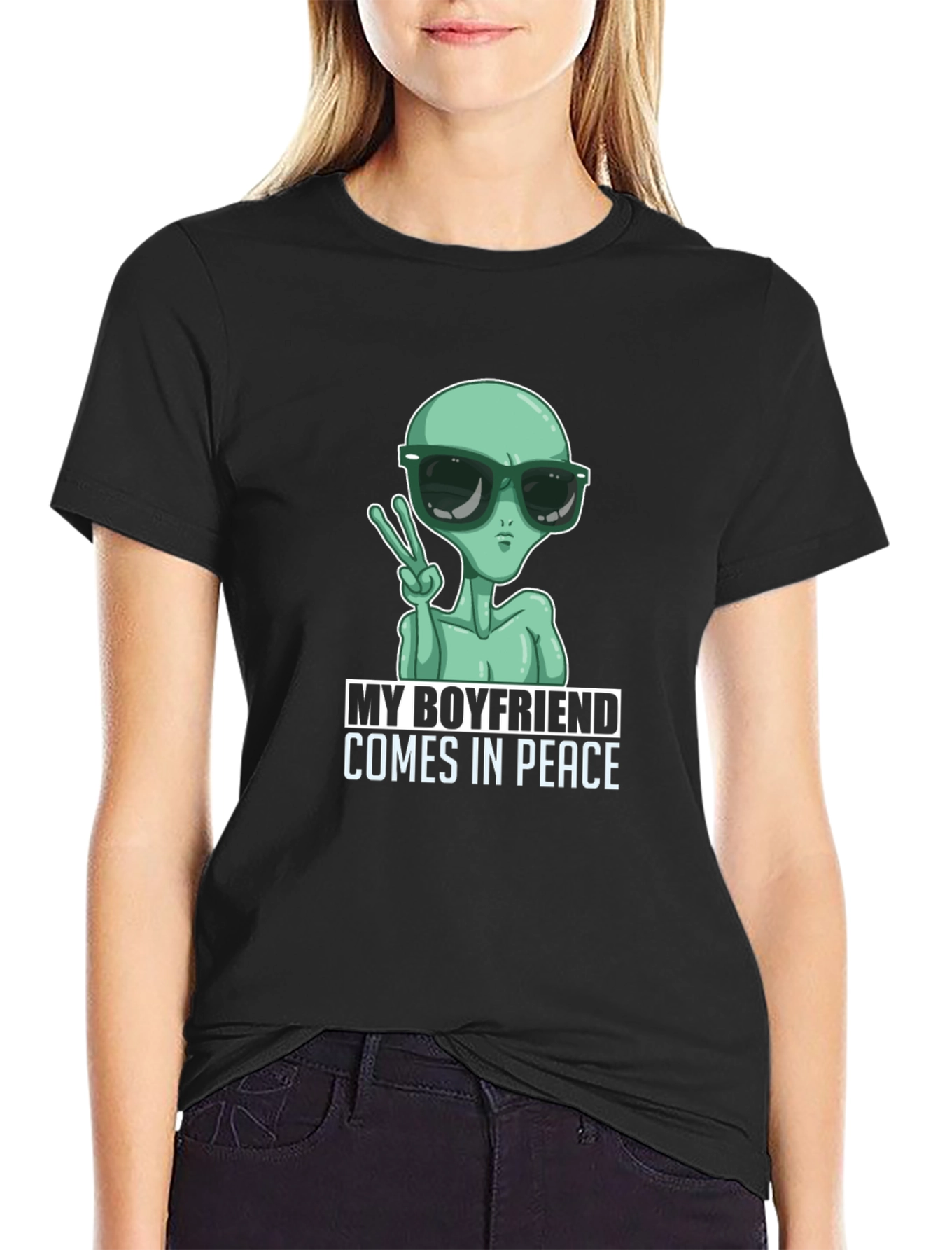 Black My Boyfriend Comes In Peace Alien Graphic Tee view 2