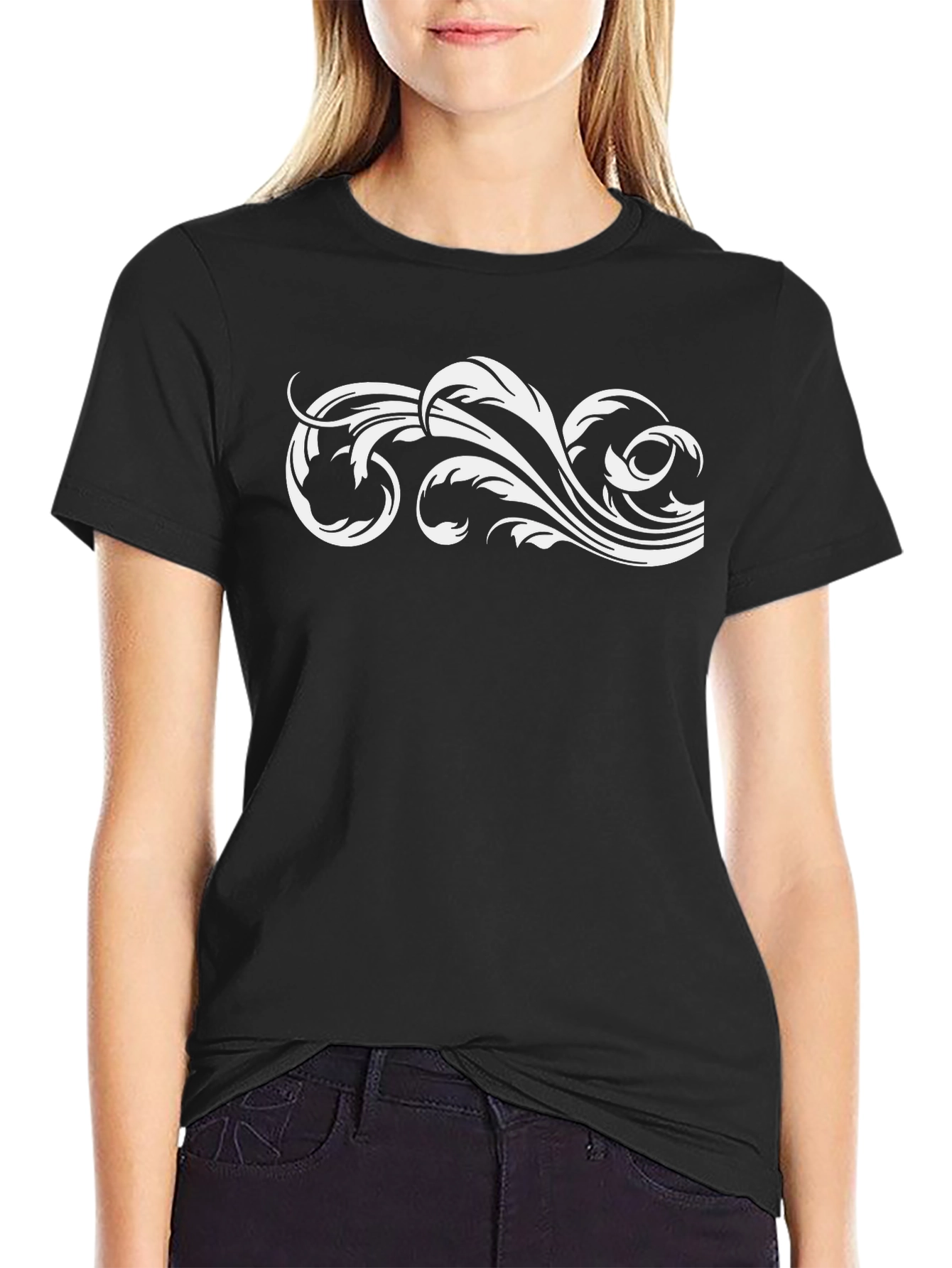 Black Men's Black T-Shirt with Ornate White Graphic view 2