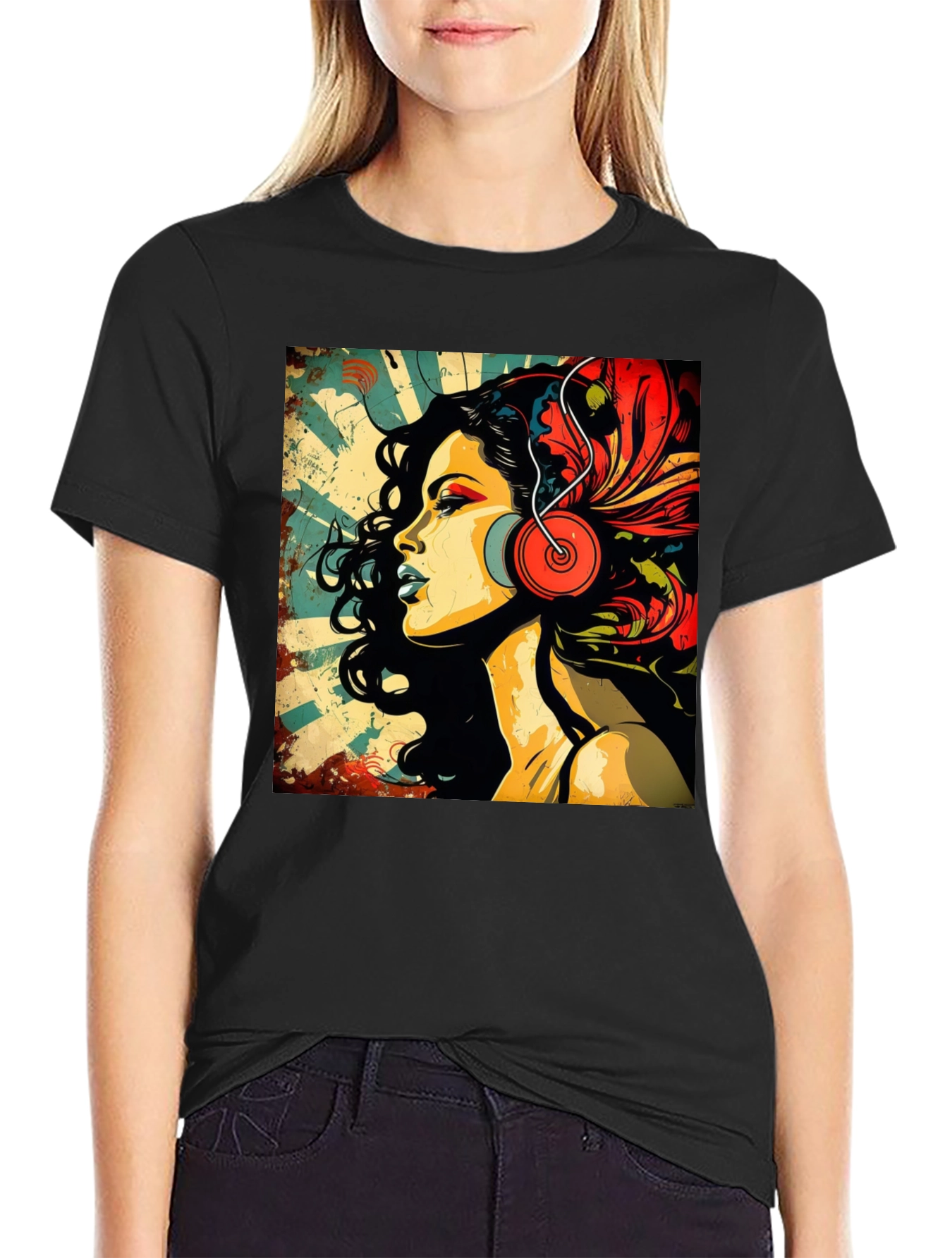 Black Retro Woman with Headphones Graphic Tee view 2