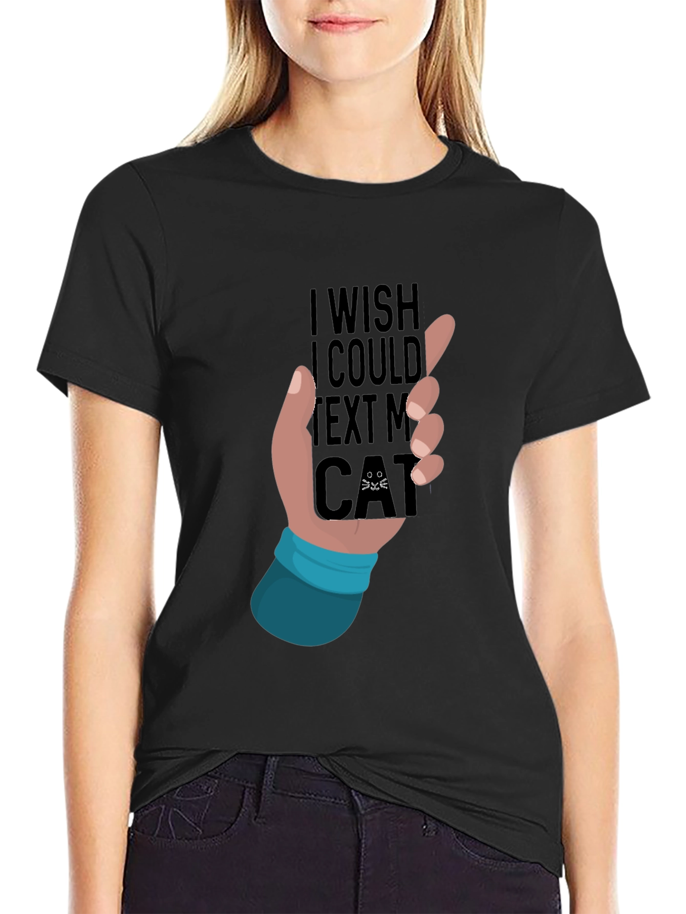 Black I Wish I Could Text My Cat T-Shirt view 2