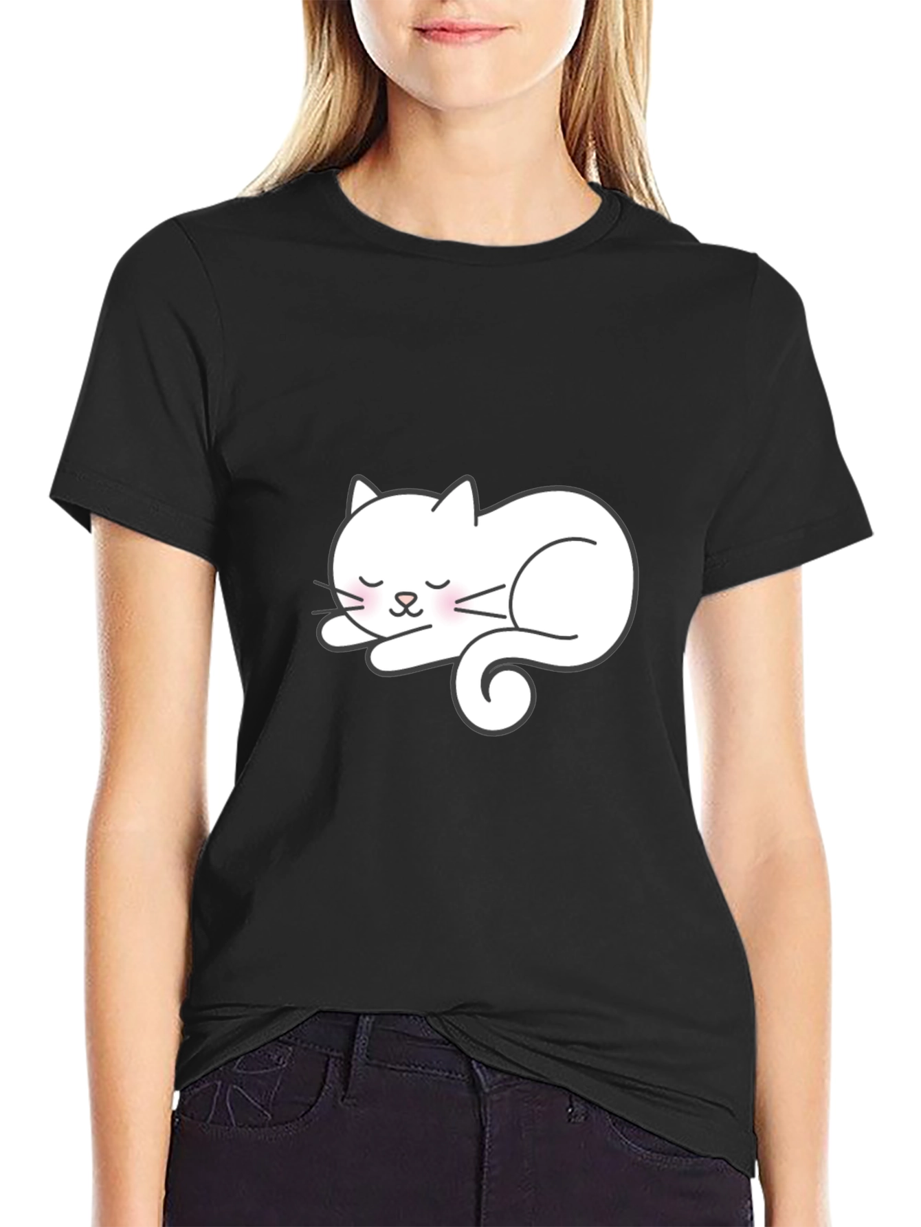 Black Cute Sleeping Cat Graphic T-Shirt - Soft Cotton Comfort view 2
