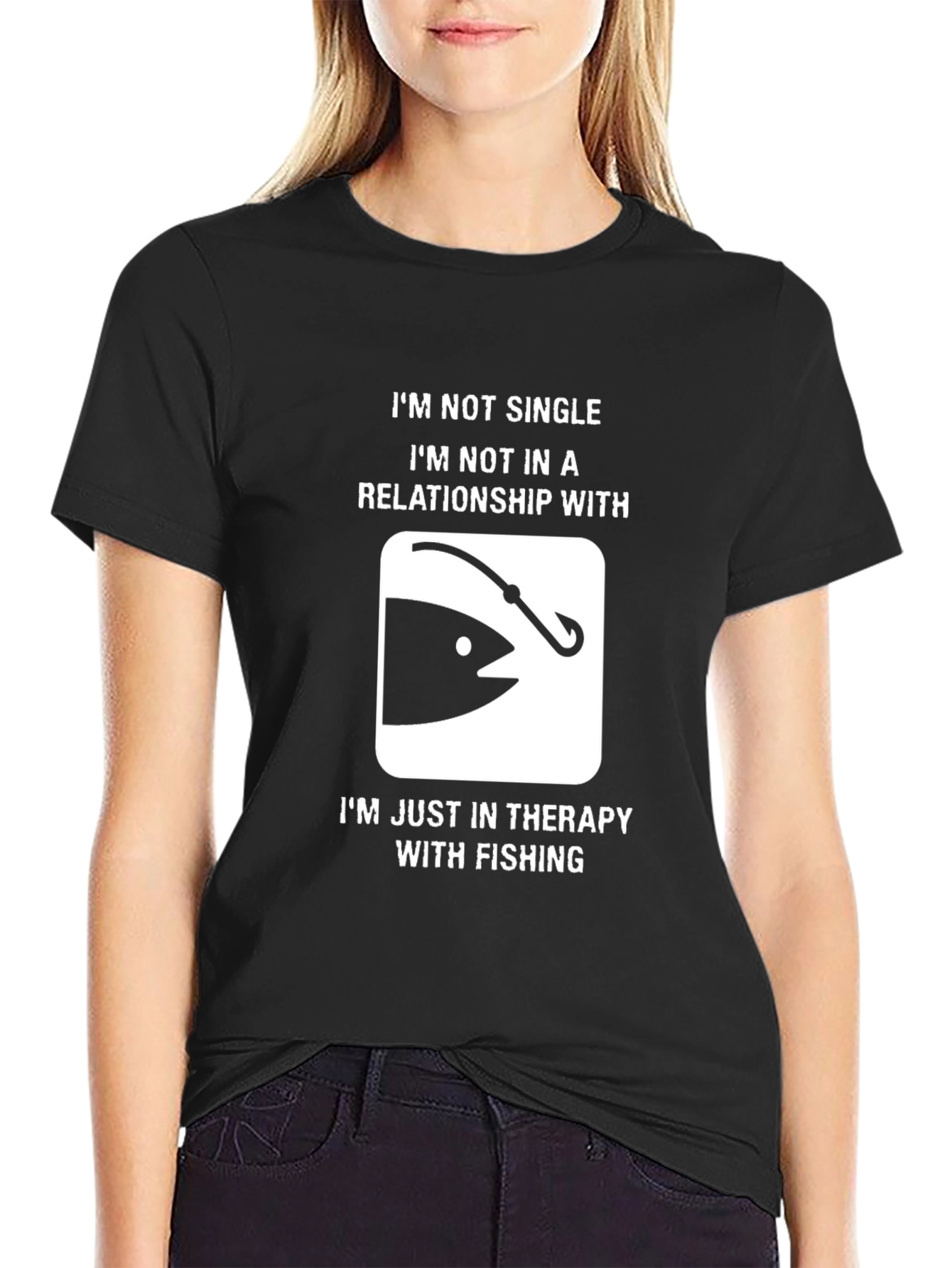 Black Funny Fishing Therapy T-Shirt view 2