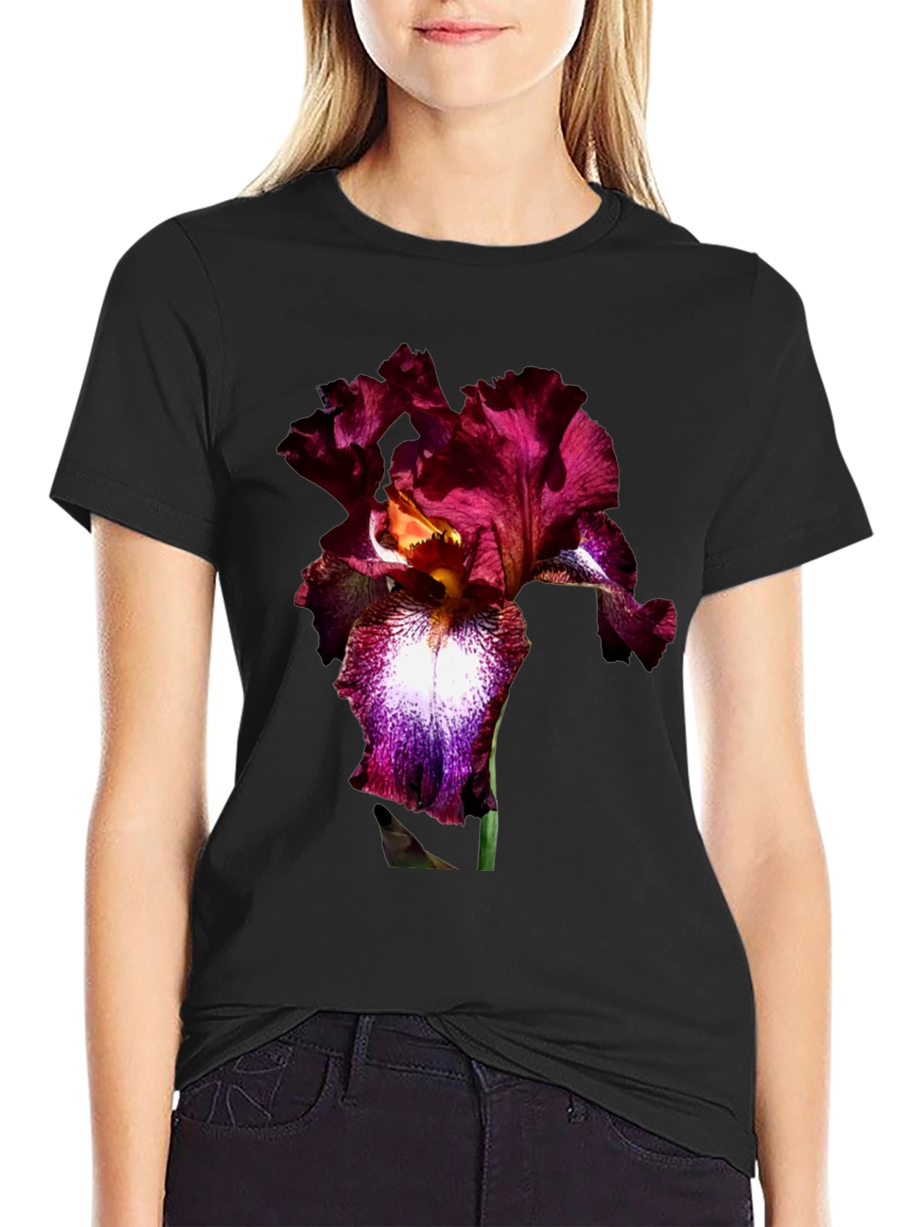 Black Floral Iris Print Black T-Shirt view 2