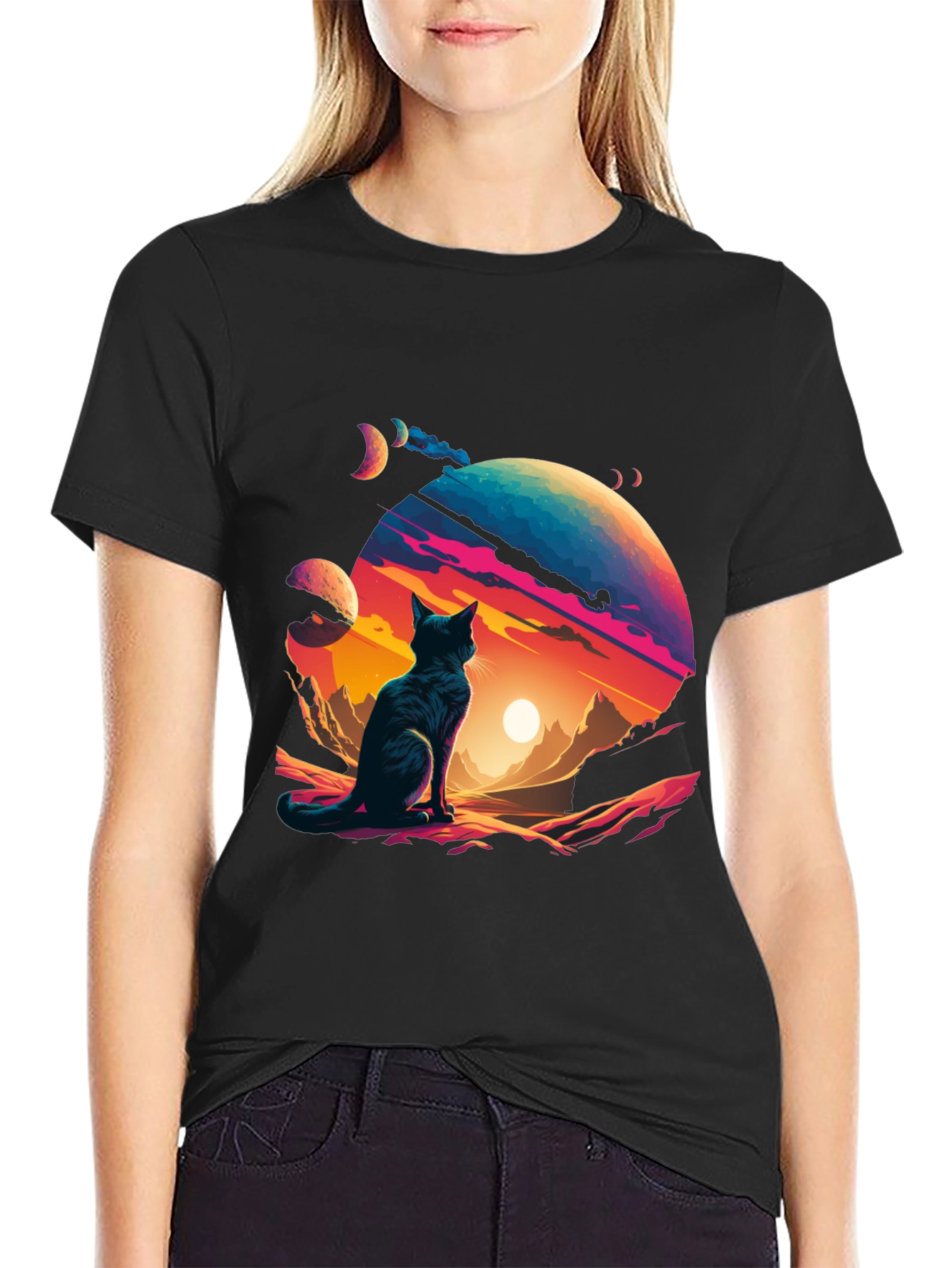Black Cosmic Cat T-Shirt - Stylish Galaxy Design view 2