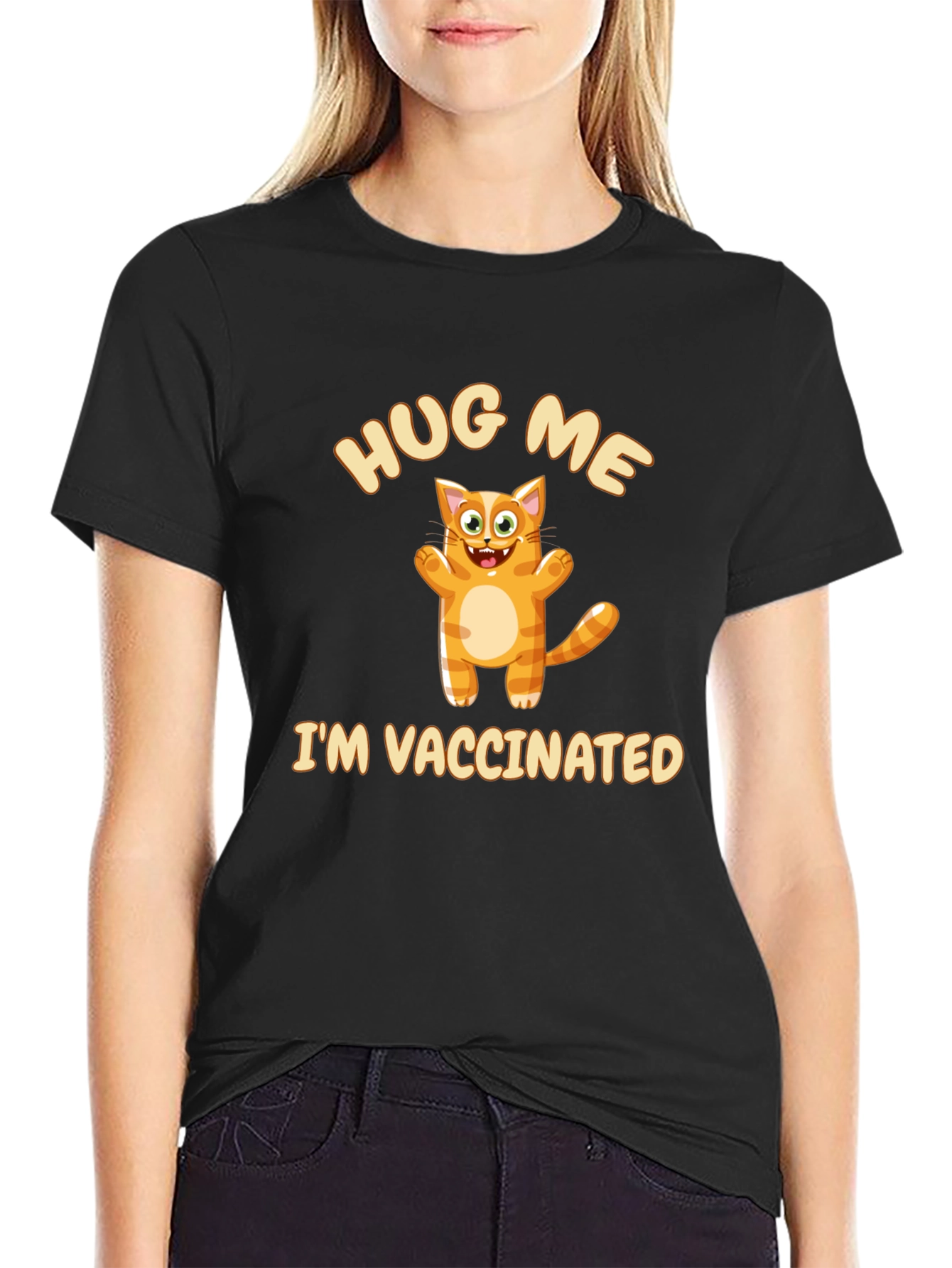 Black Hug Me I'm Vaccinated Cat Graphic T-Shirt view 2