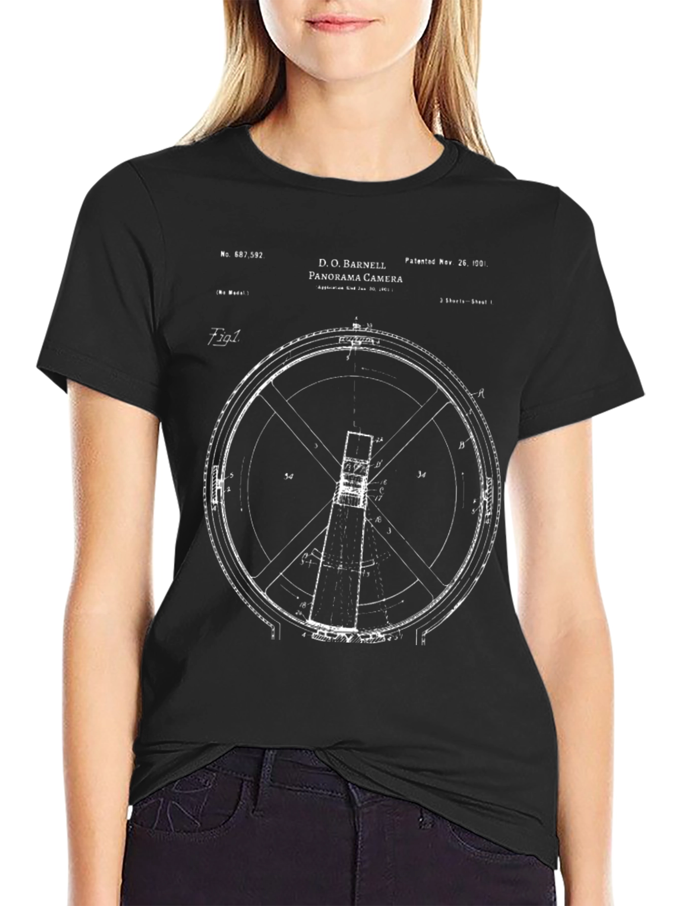 Black Panorama Camera Blueprint Graphic Tee - Black Cotton view 2