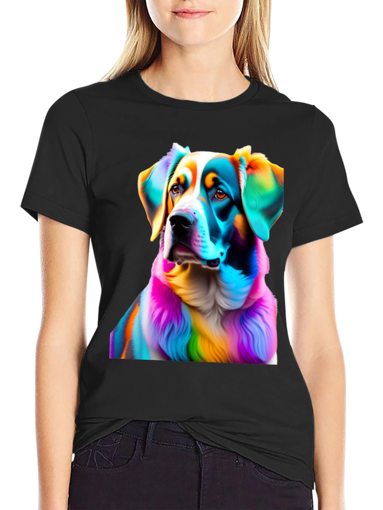Black Rainbow Dog Portrait Black T-Shirt view 2