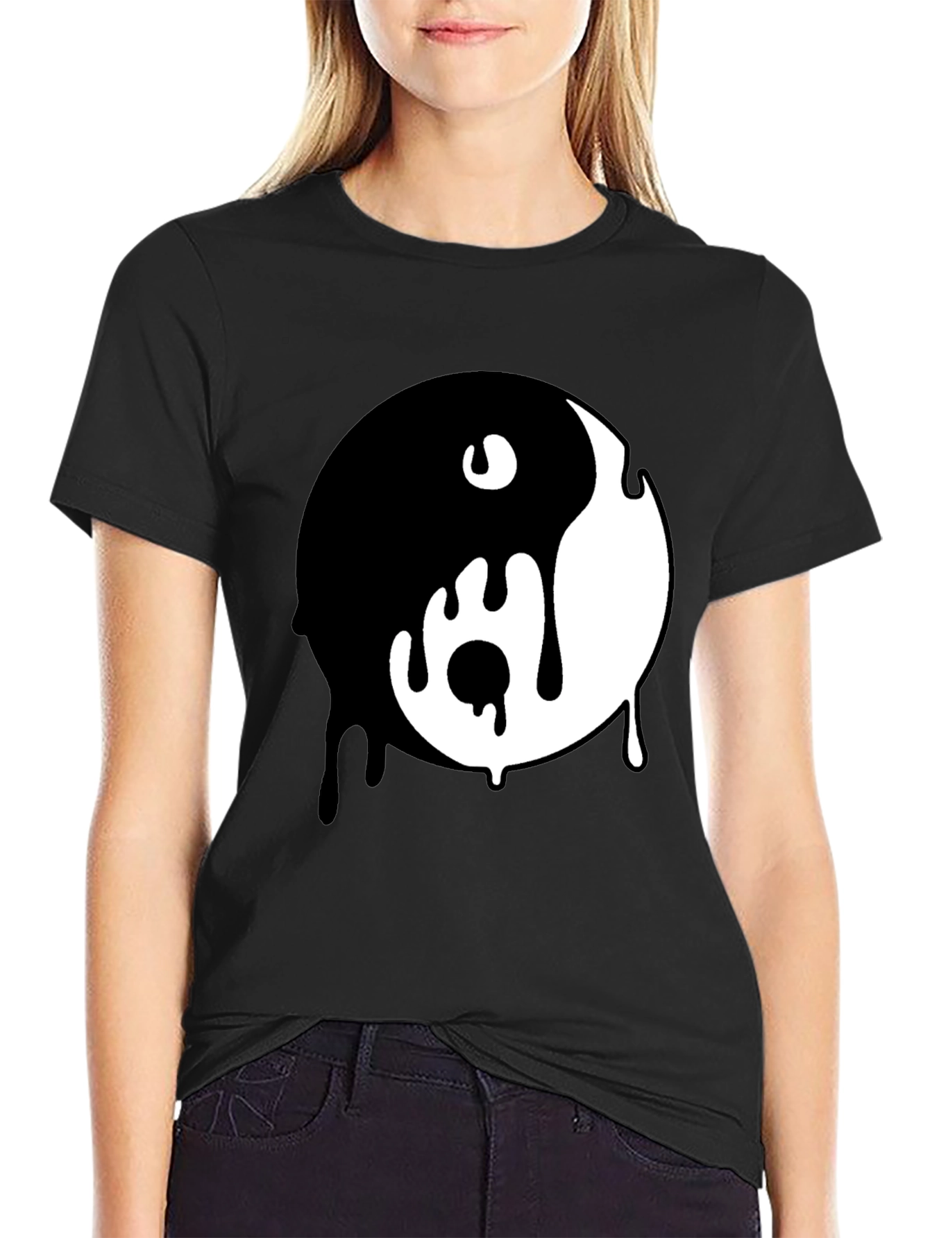 Black Dripping Yin Yang Graphic Tee - Black Cotton Blend view 2