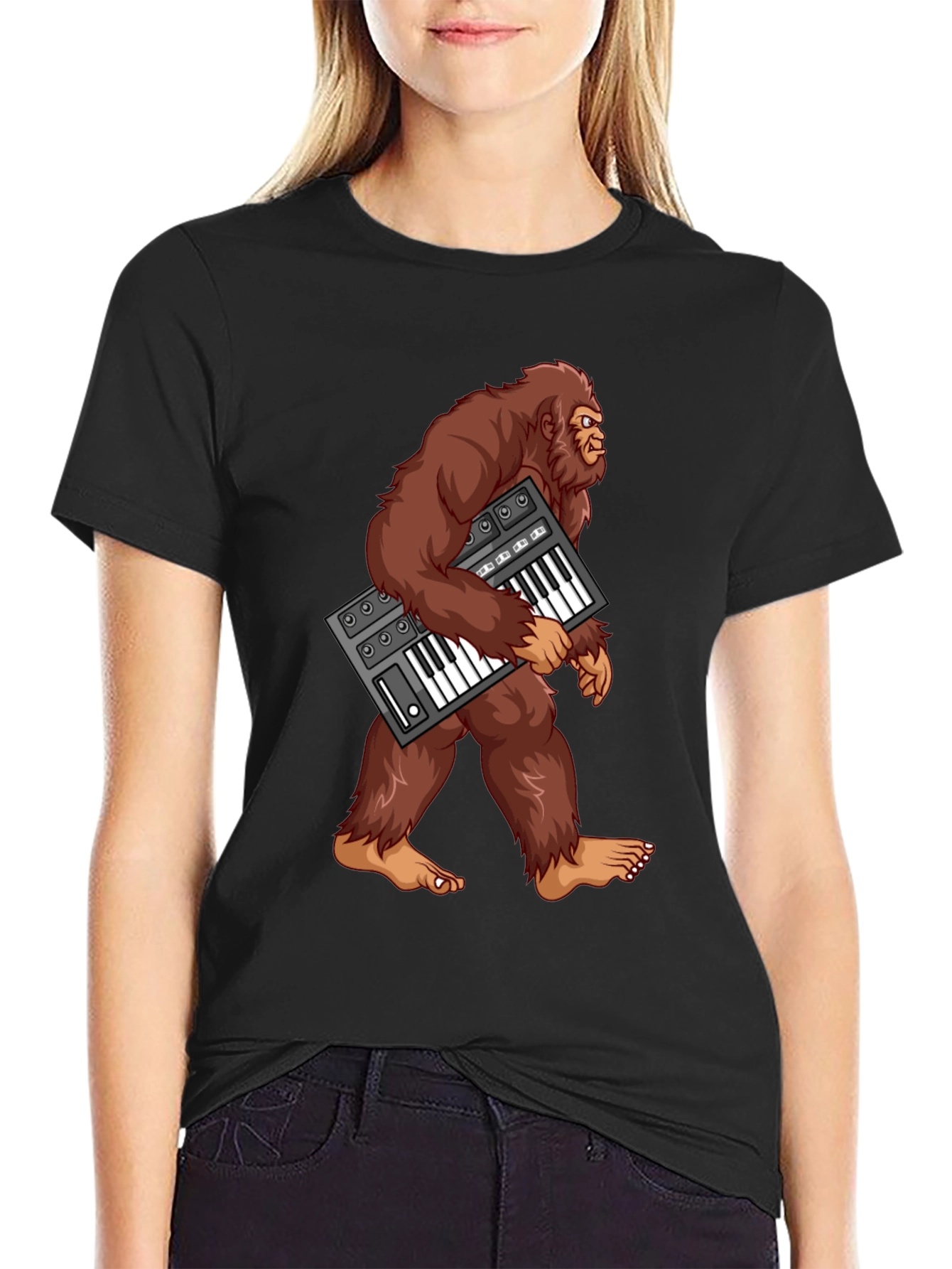 Black Sasquatch Synthesizer T-Shirt - Bigfoot Keyboard Tee view 2