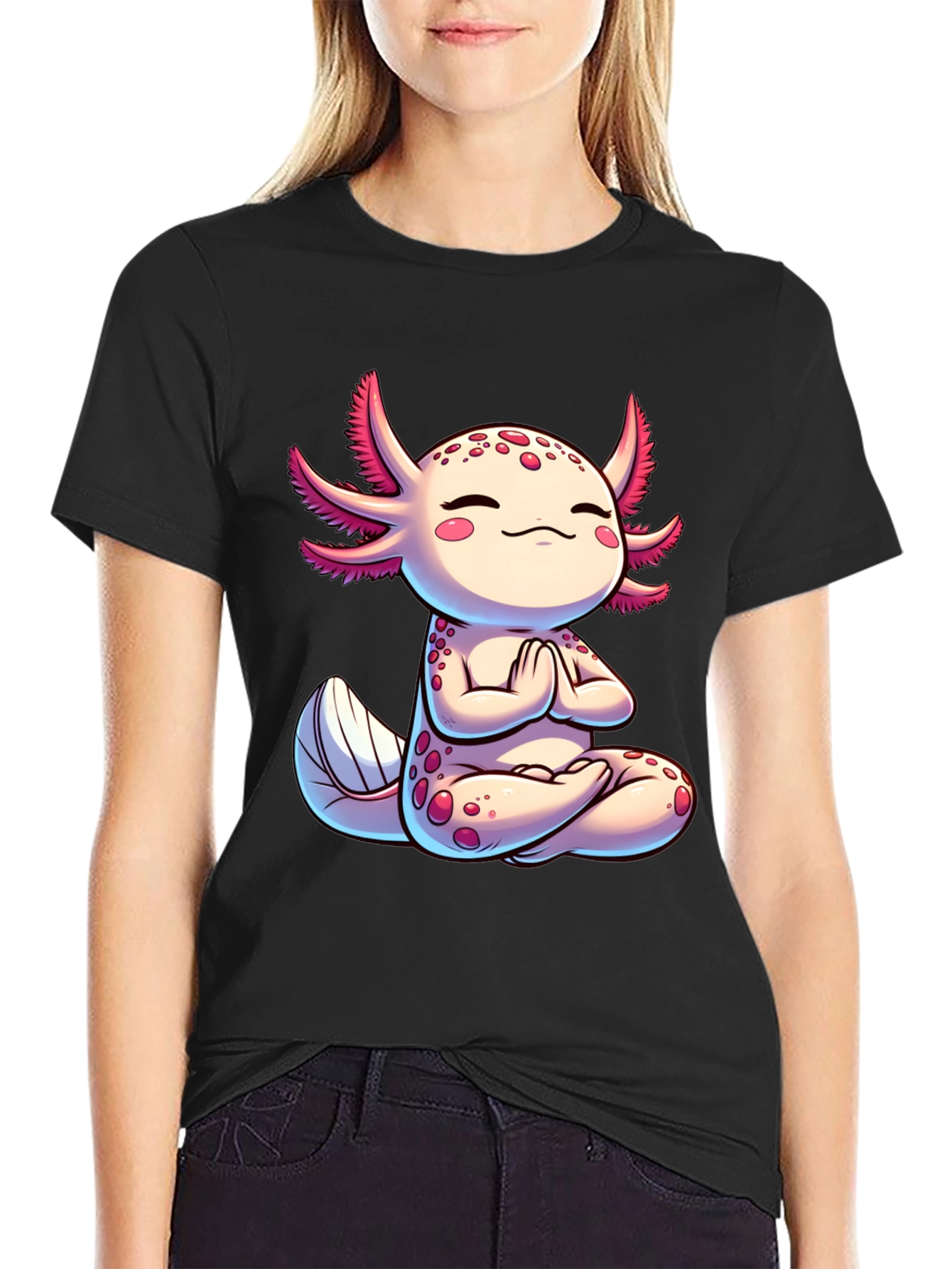 Black Zen Axolotl T-Shirt - Meditating Cute Amphibian view 2