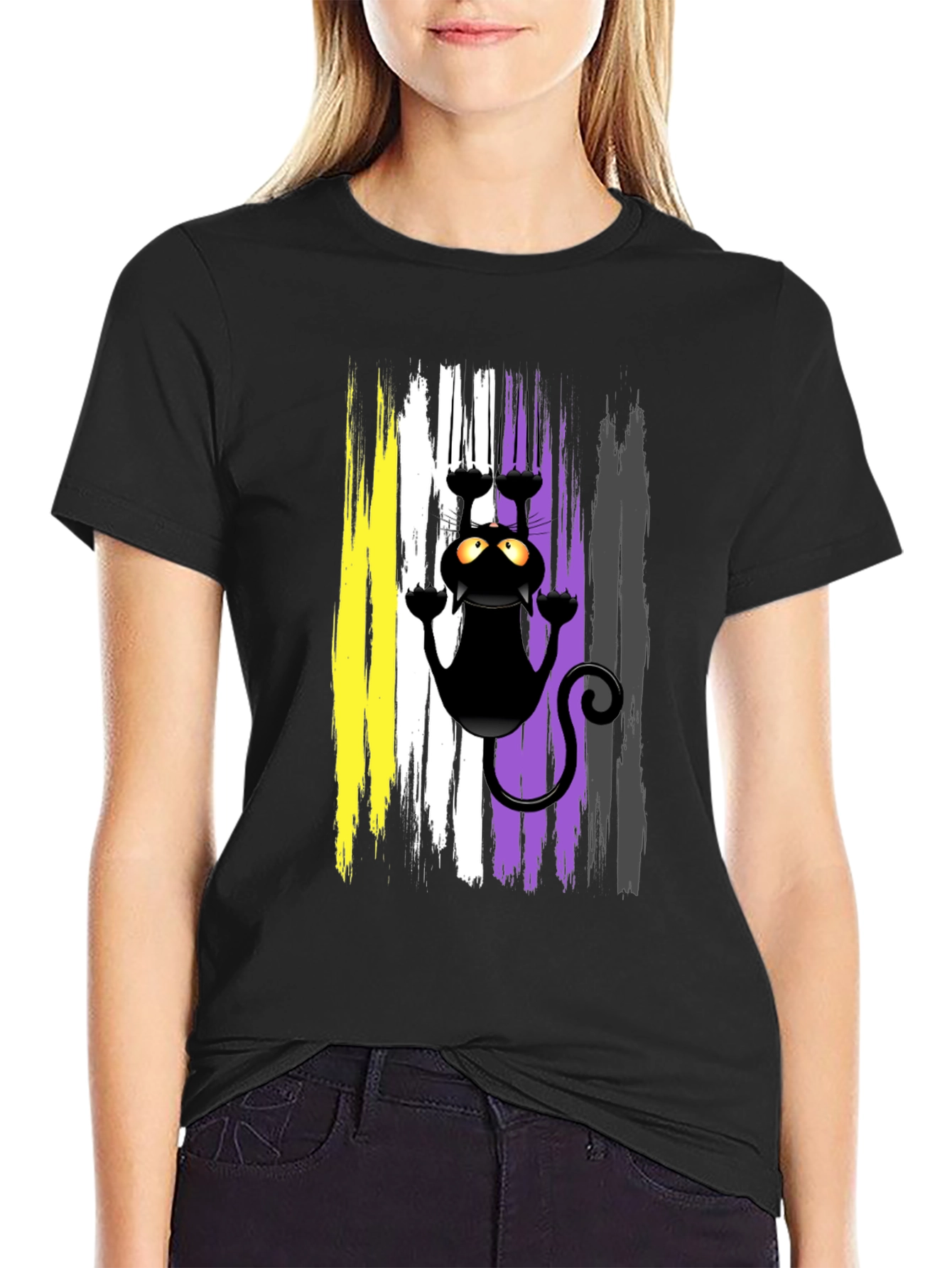 Black Non-Binary Pride Cat T-Shirt view 2