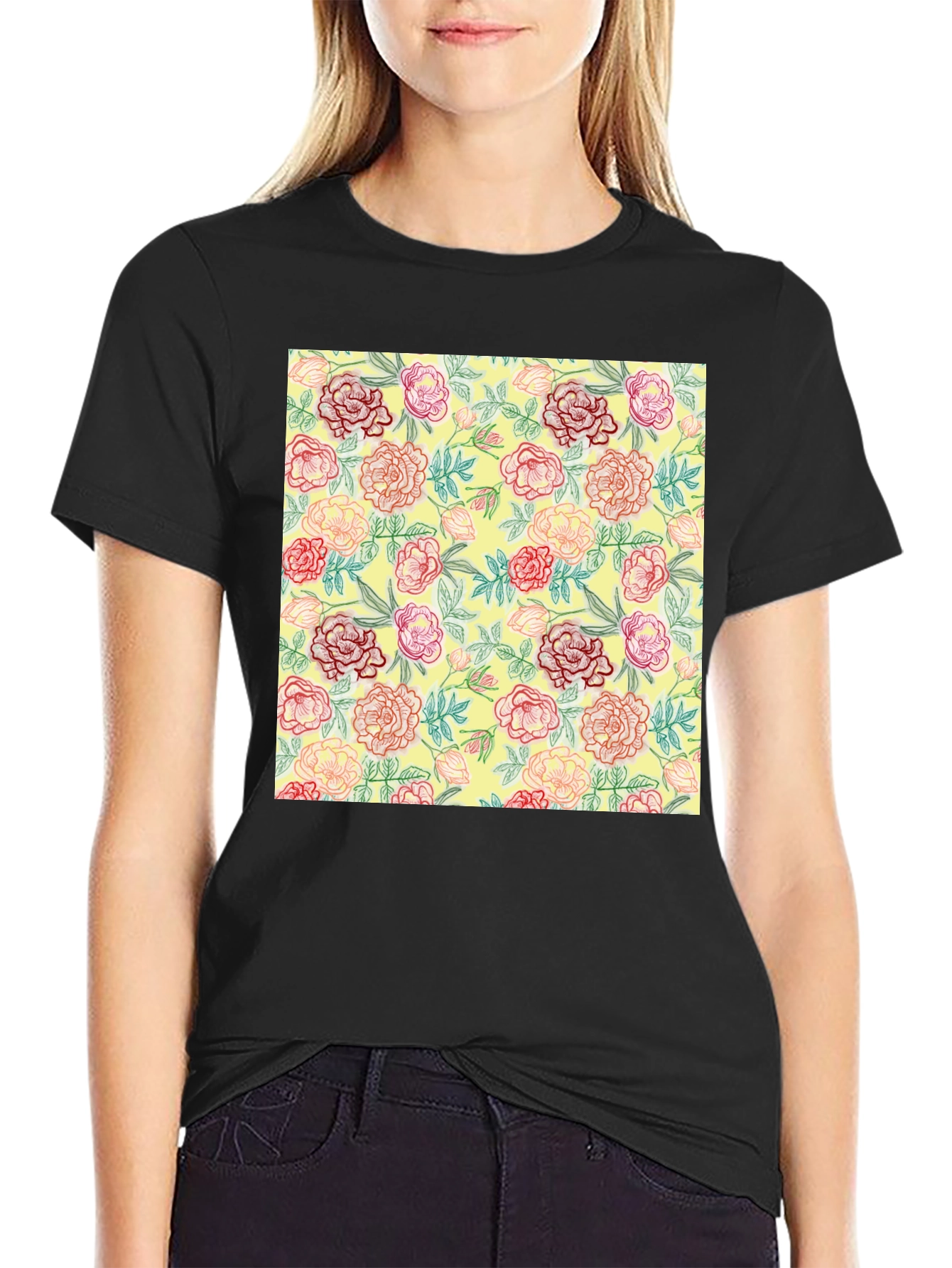 Black Floral Print Crew Neck T-Shirt view 2