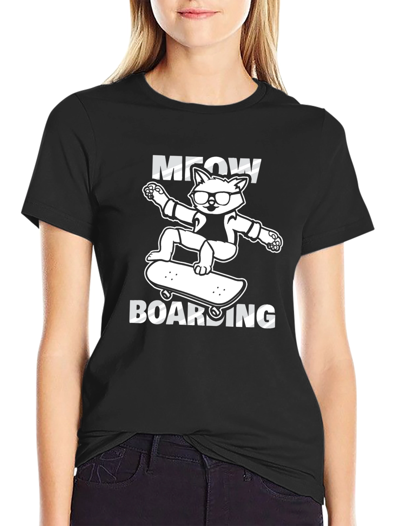 Black Meow Boarding T-Shirt: Skateboard Cat Tee view 2