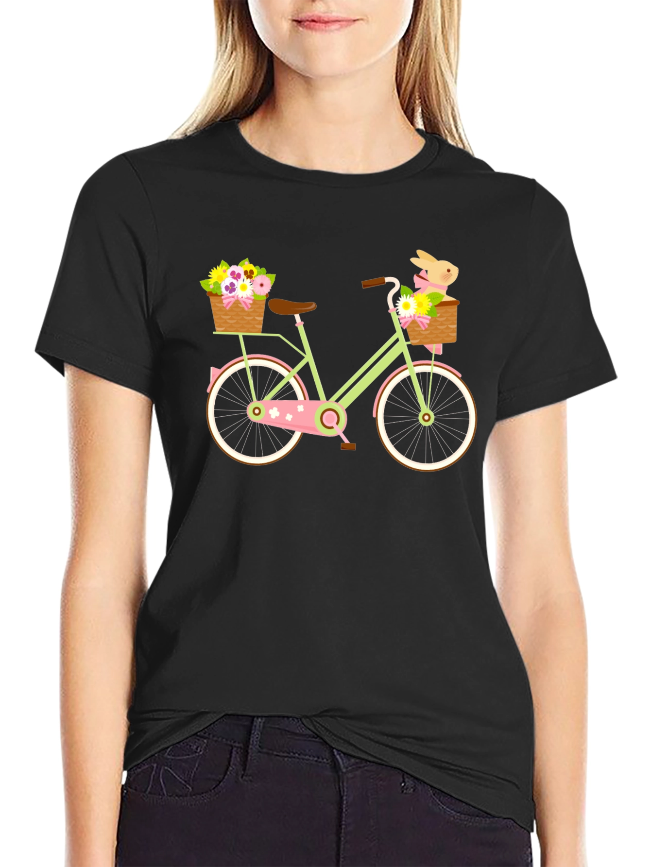 Black Floral Bike T-Shirt - Cute Easter Bunny Design view 2