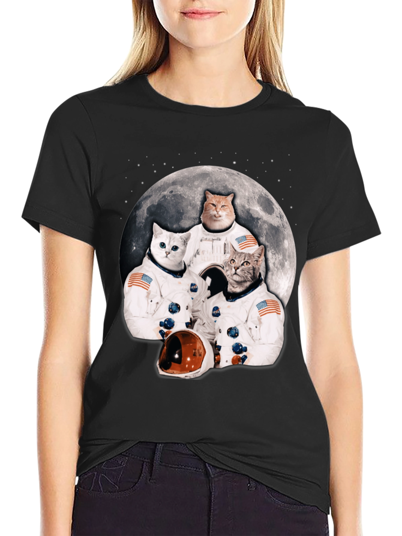 Black Cats in Space T-Shirt - Novelty Crew Tee view 2