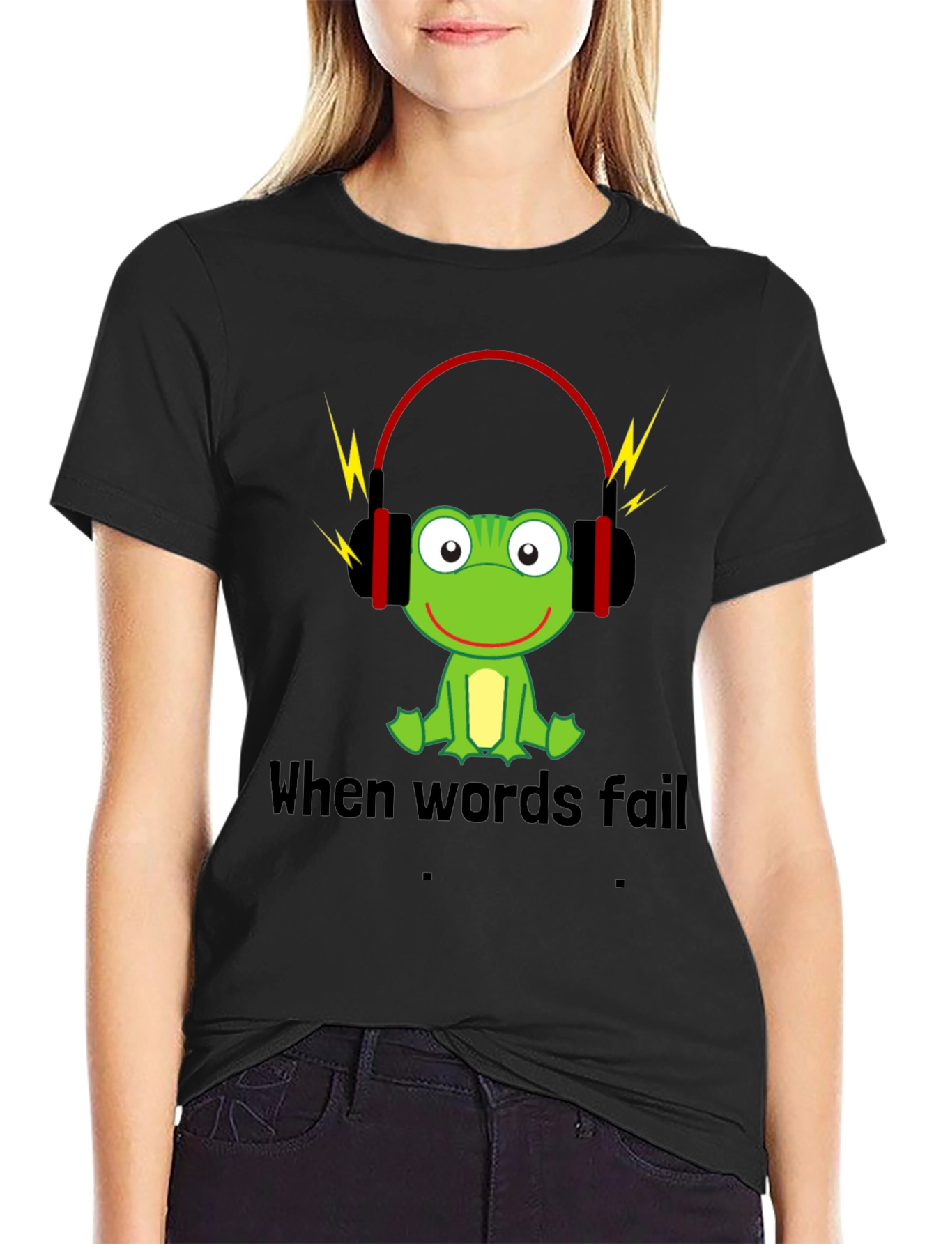 Black Funny Frog Music T-Shirt - When Words Fail, Music Speaks view 2
