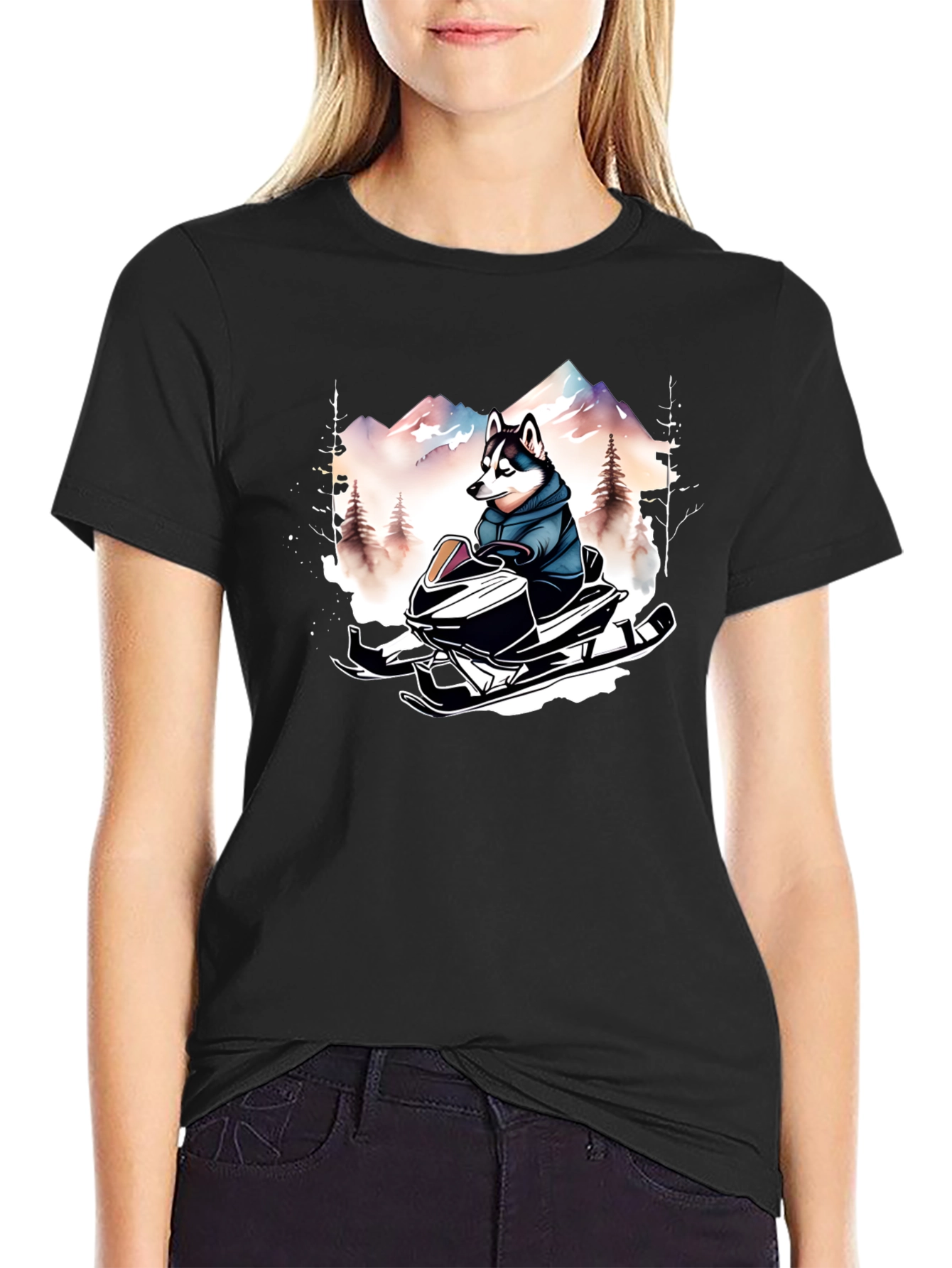 Black Husky on Snowmobile Graphic Tee view 2