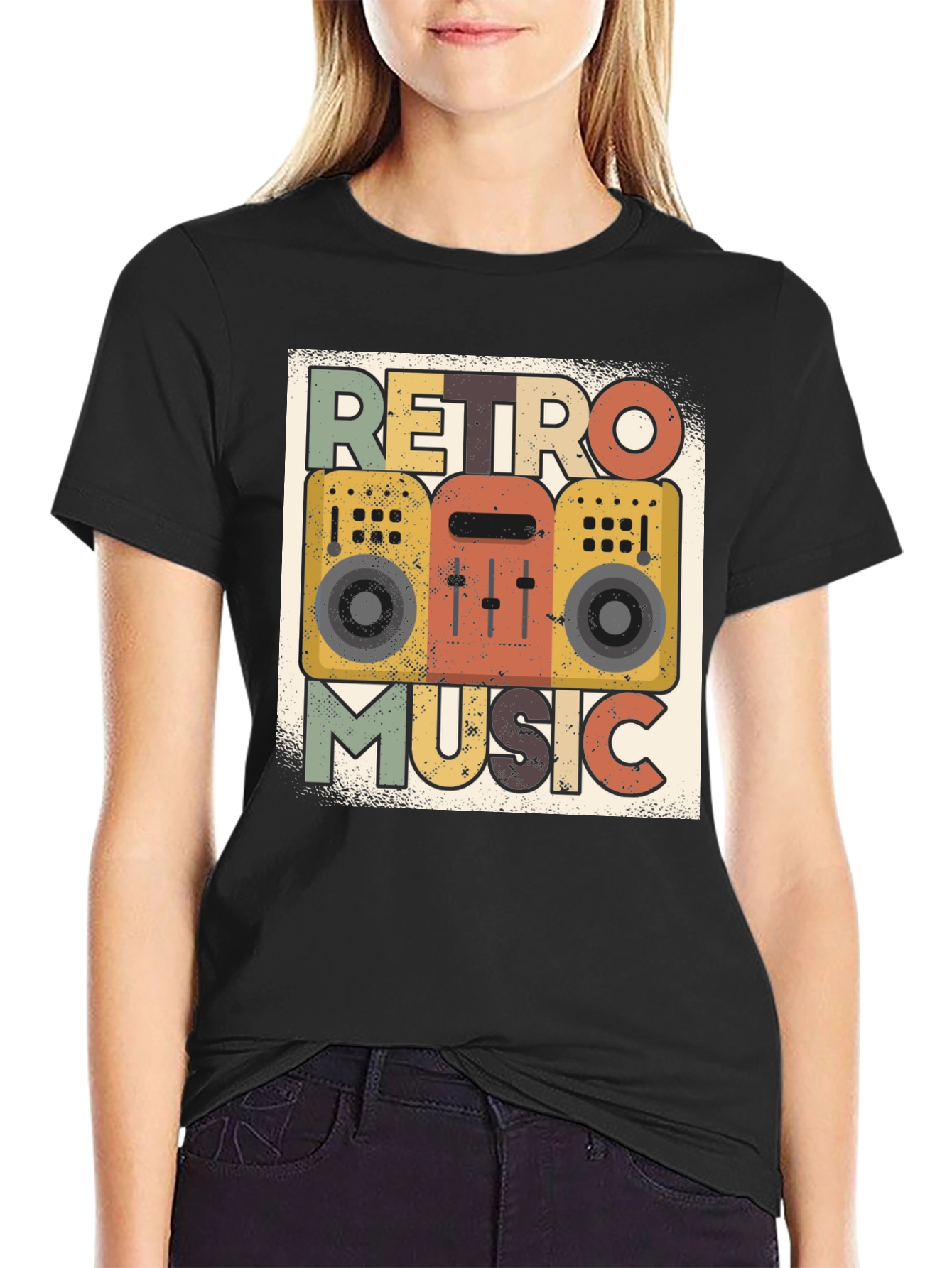 Black Retro Music Graphic Tee - Vintage Boombox T-Shirt view 2