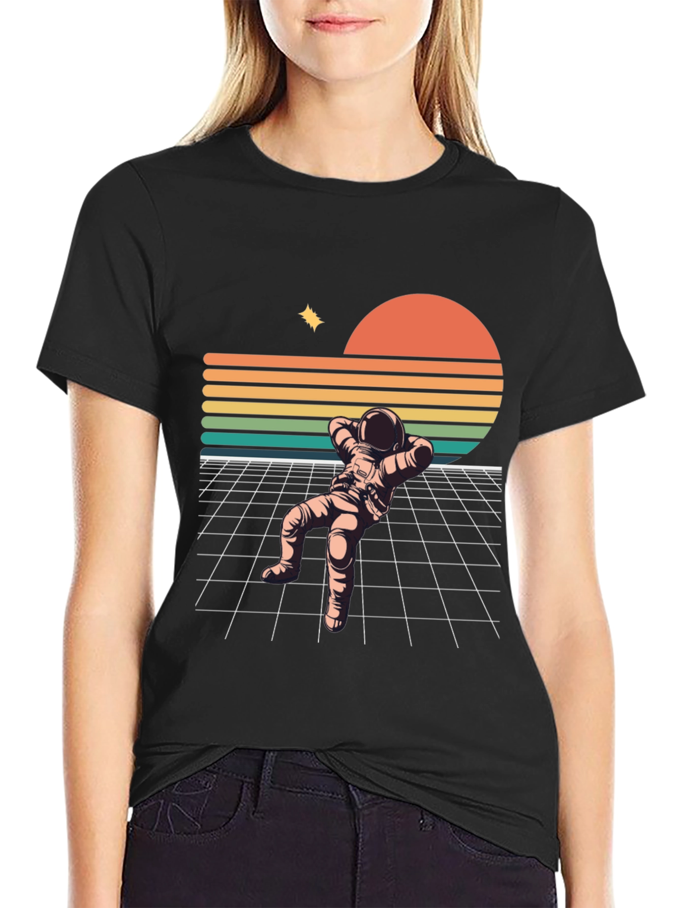 Black Retro Astronaut Relaxing Black T-Shirt view 2