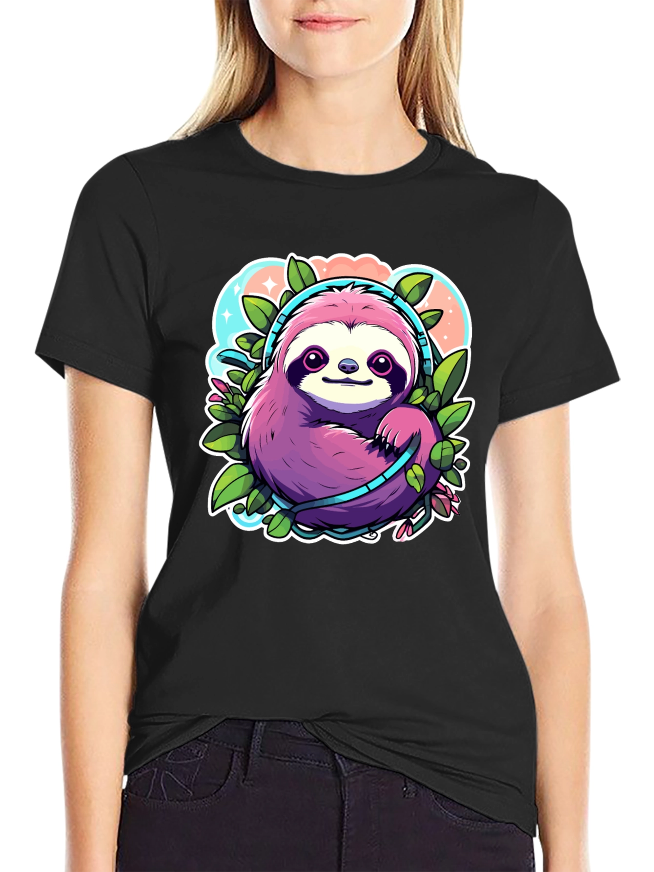 Black Sloth Headphones Graphic Tee - Cute Cartoon Animal Shirt view 2