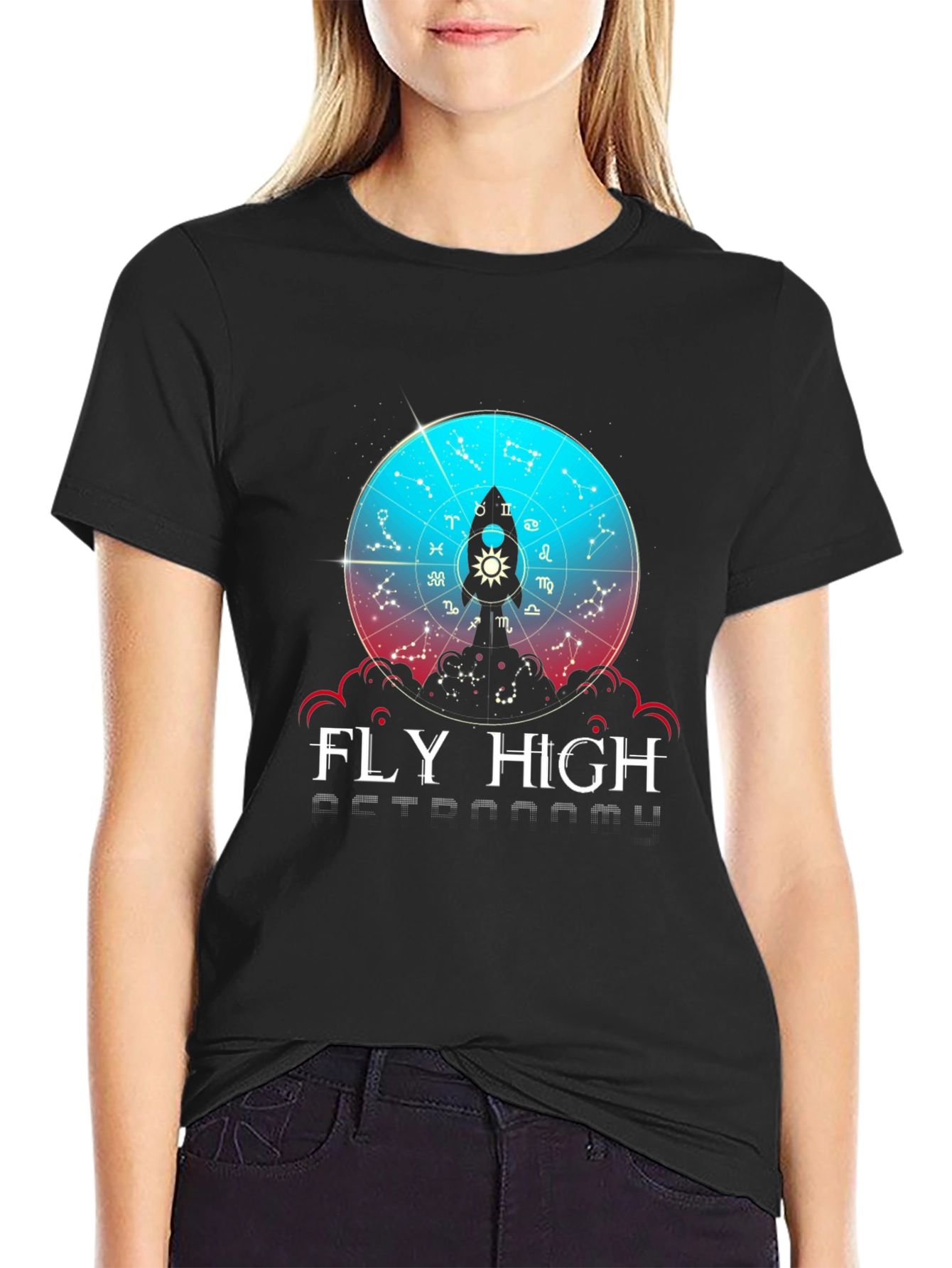 Black Fly High Astronomy T-Shirt - Zodiac Rocket Design view 2
