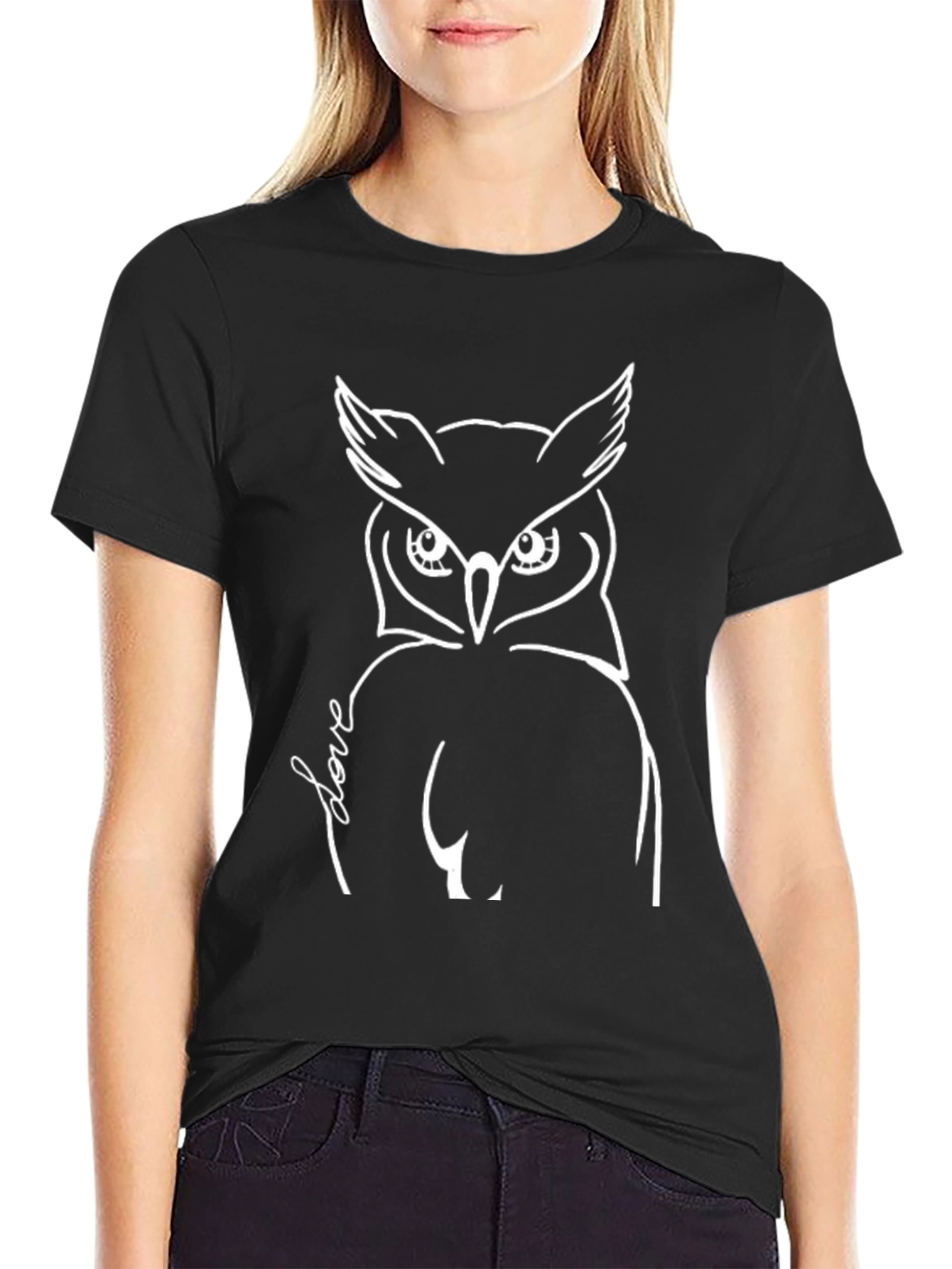 Black Owl Love Graphic T-Shirt - Black Crew Neck Tee view 2
