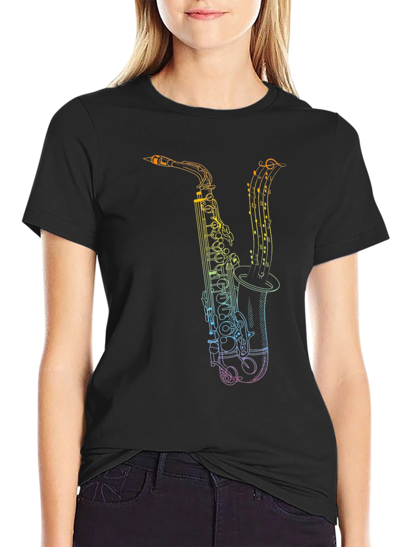 Black Saxophone Music Notes Graphic Tee view 2