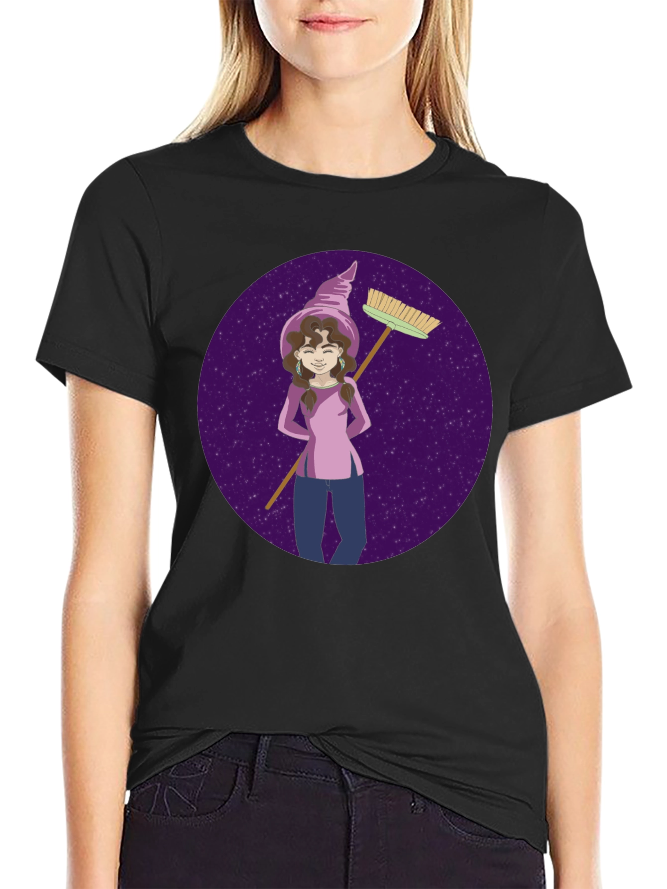 Black Whimsical Witch Graphic Tee - Broom & Stars Design view 2
