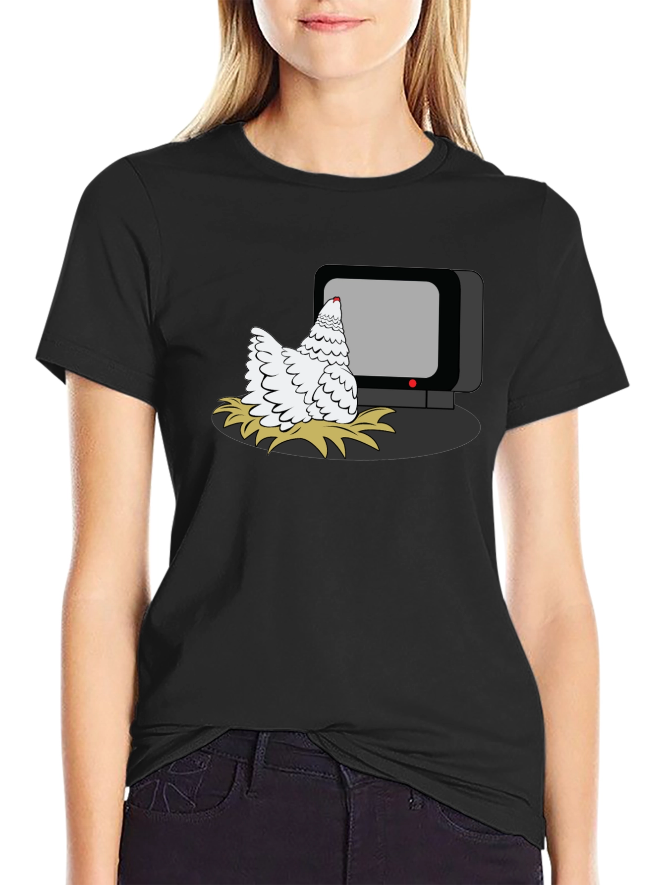 Black Chicken Watching TV Graphic T-Shirt view 2