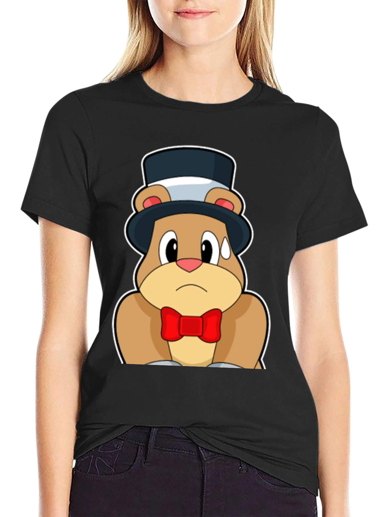 Black Cartoon Bear Top Hat Bowtie Black T-Shirt view 2
