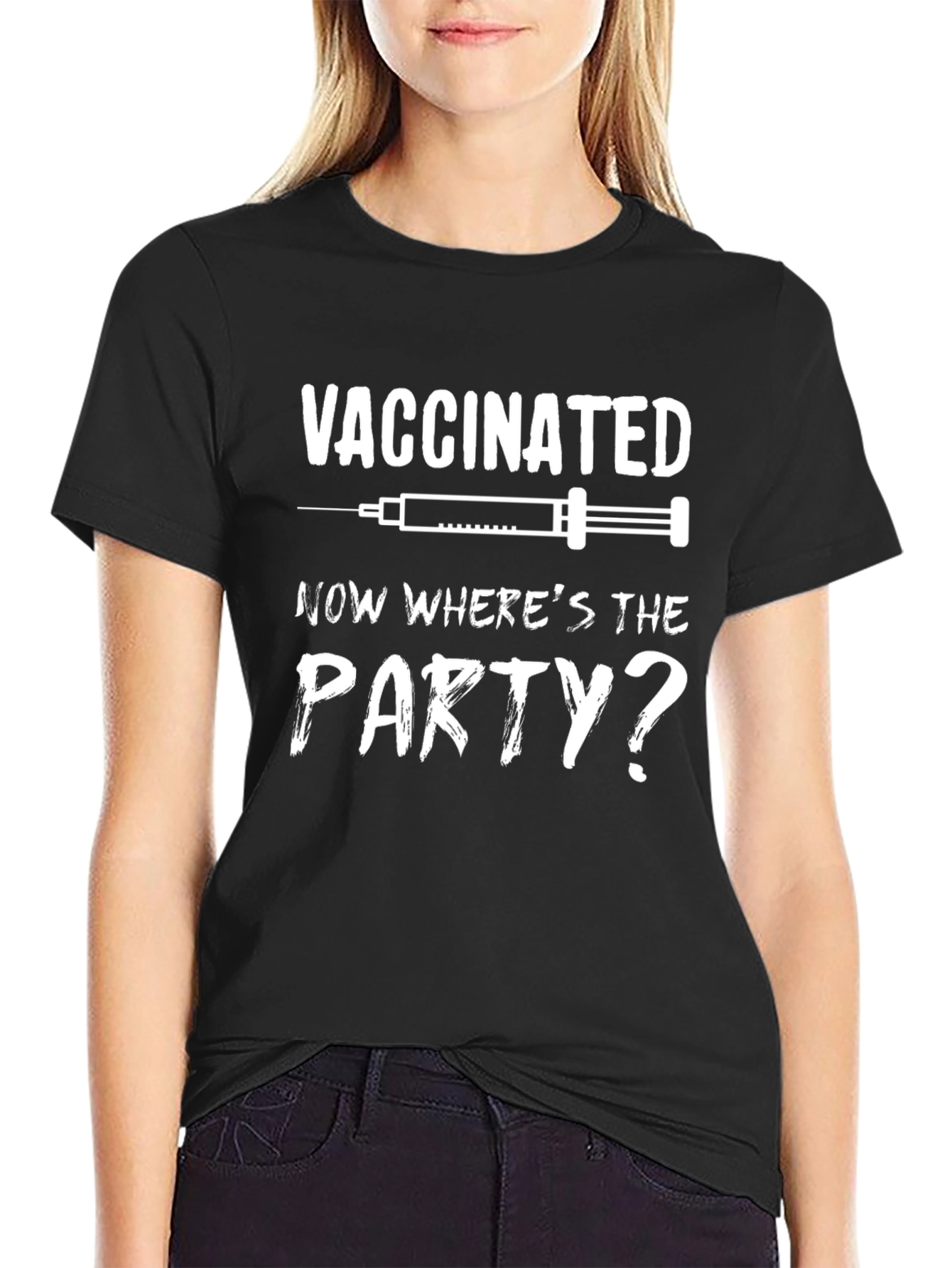 Black Vaccinated Where's The Party T-Shirt view 2