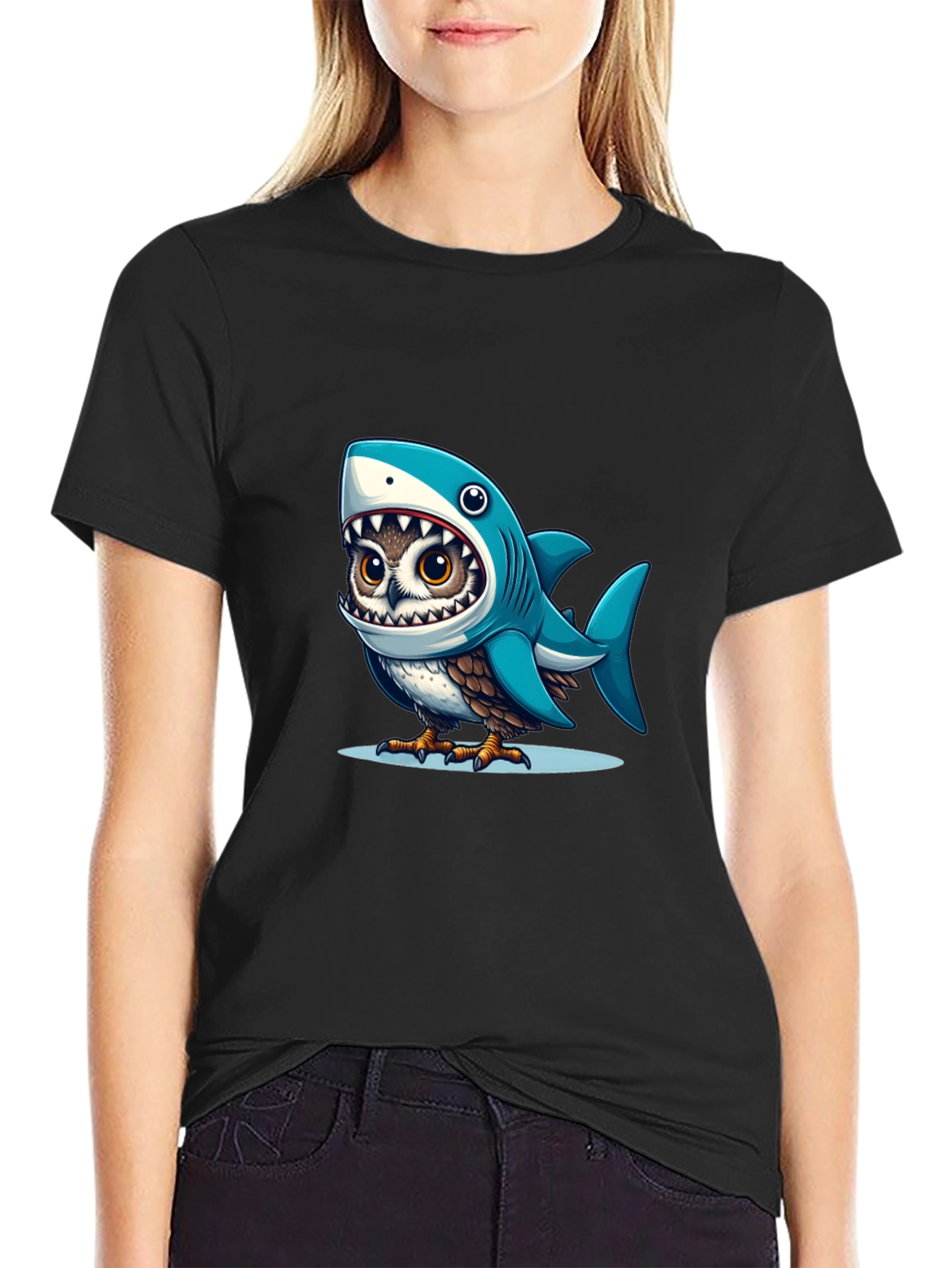 Black Shark Owl Graphic Tee - Unique Cartoon Design view 2