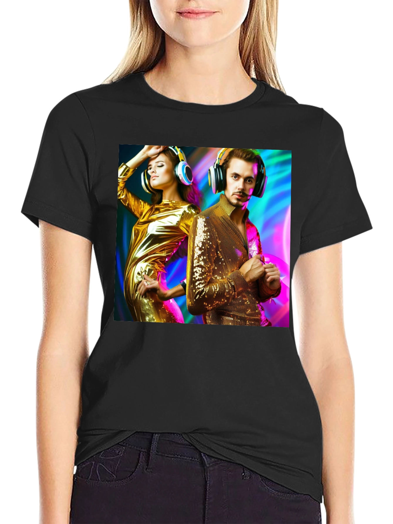 Black Retro Disco Couple Graphic T-Shirt view 2