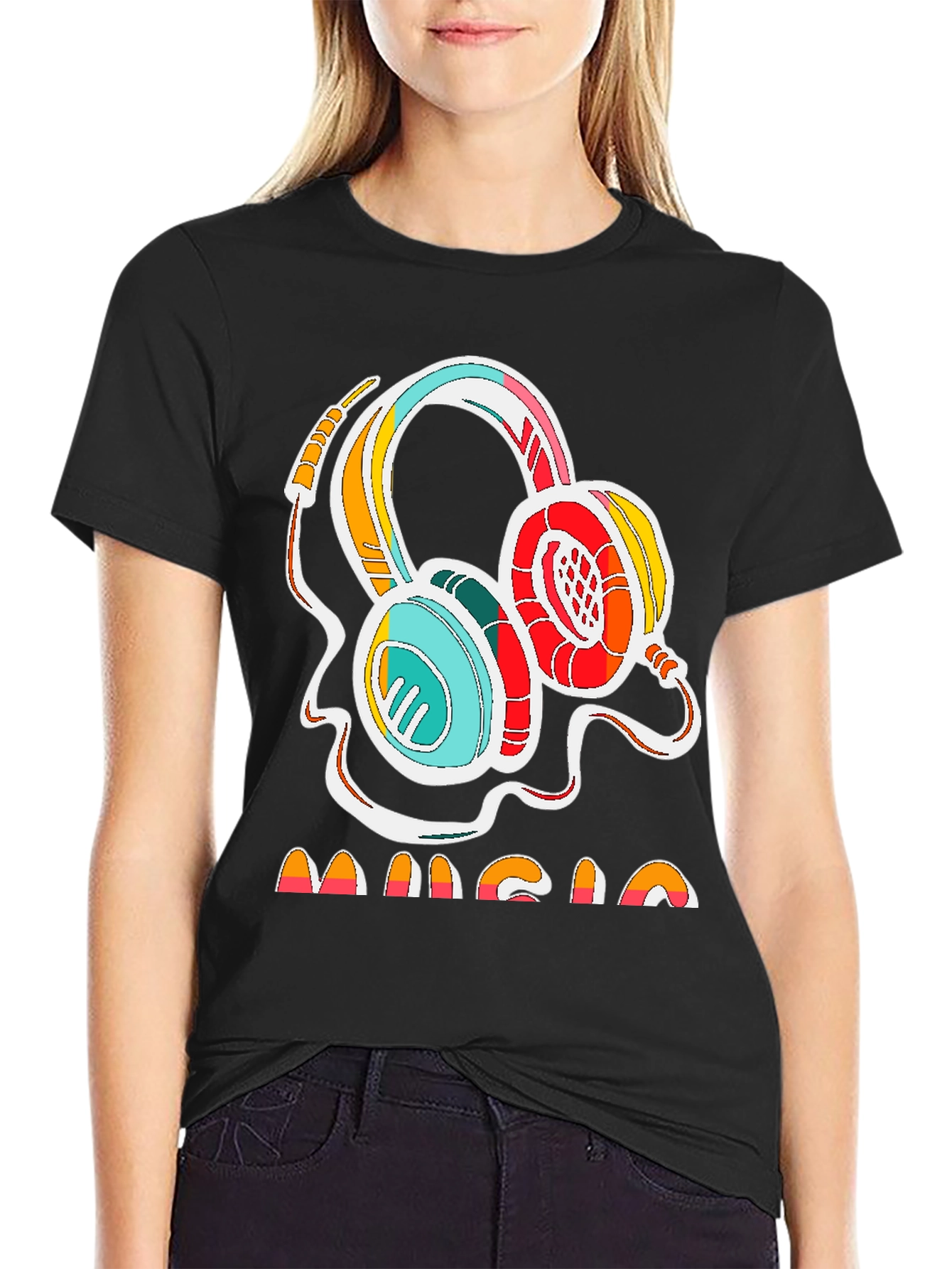 Black Retro Music Headphones Graphic Tee - Stylish Cotton Shirt view 2