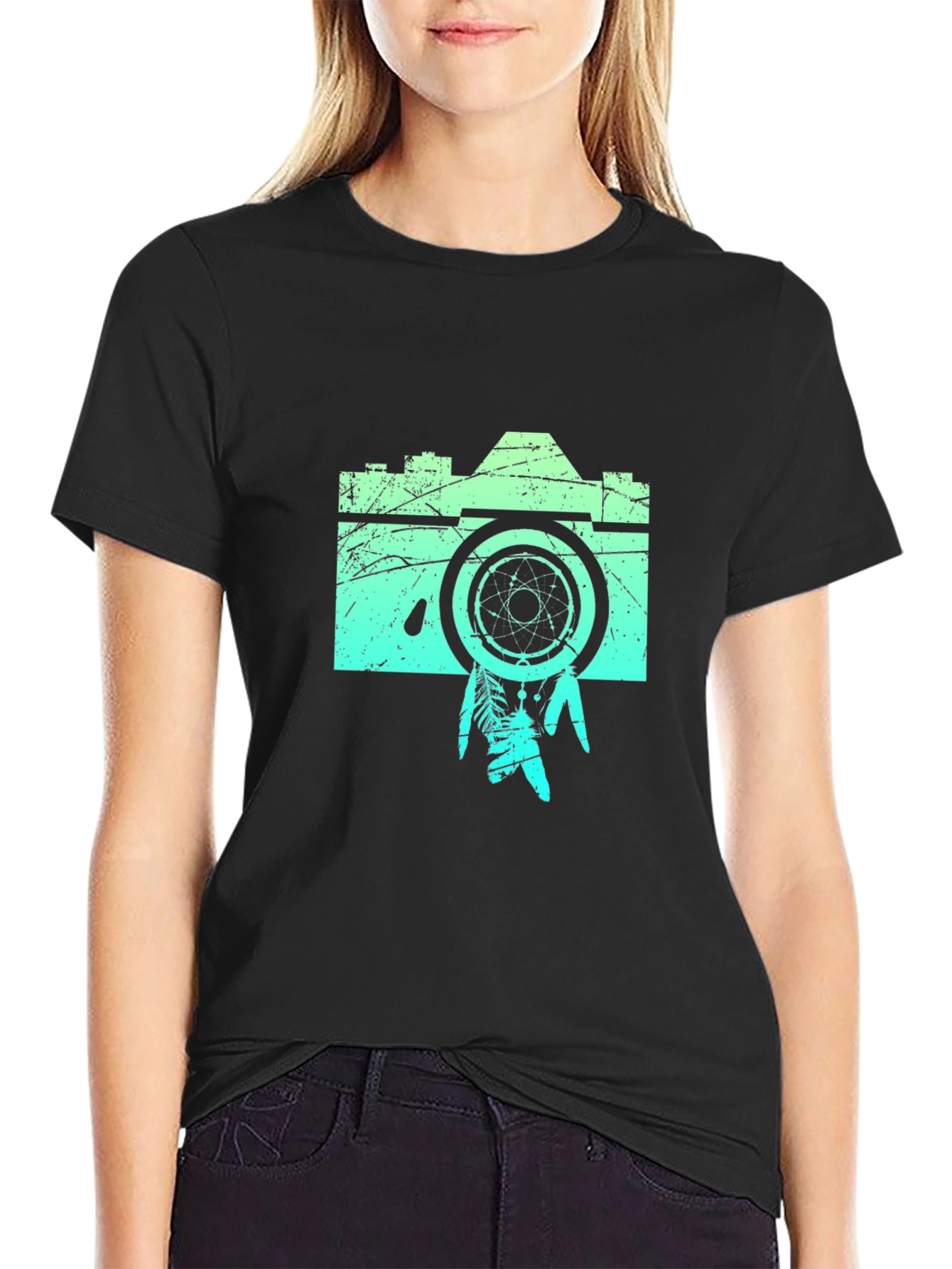 Black Retro Camera Graphic Tee -  Black Cotton Blend Shirt view 2