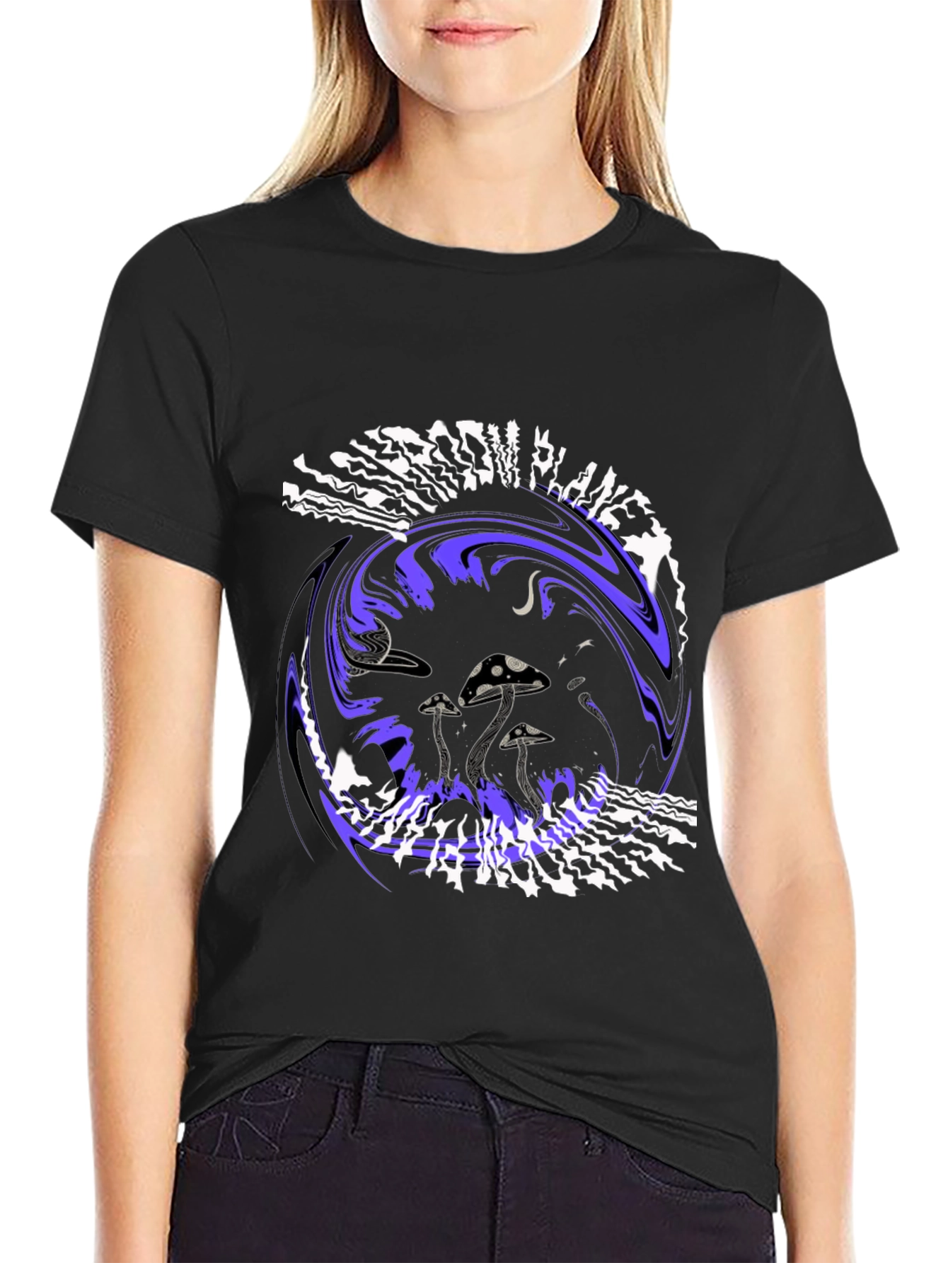 Black Mushroom Planet Graphic Tee - Black Crew Neck T-Shirt view 2