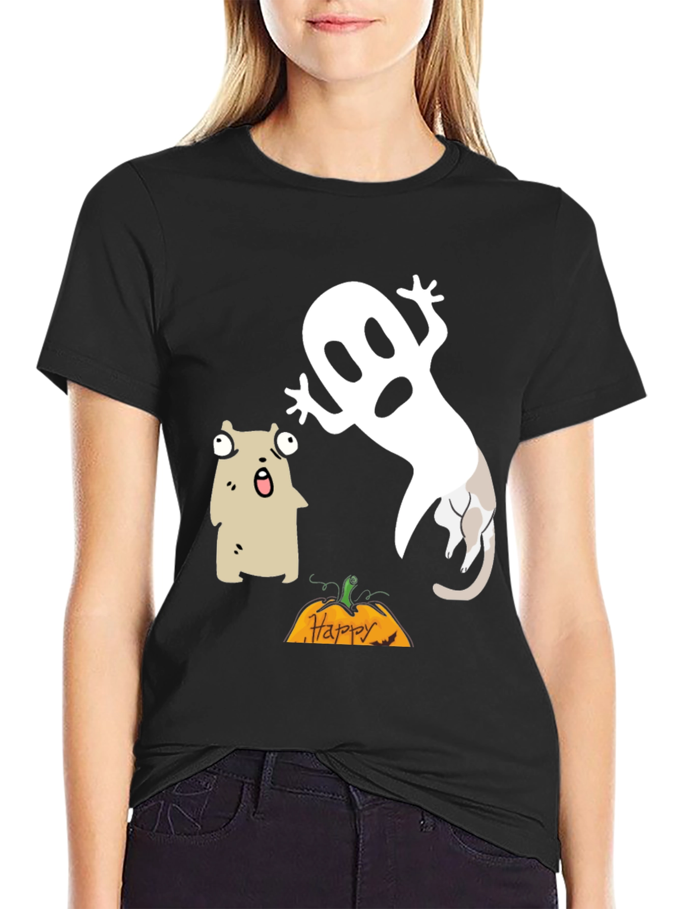 Black Halloween Ghost & Cat T-Shirt view 2